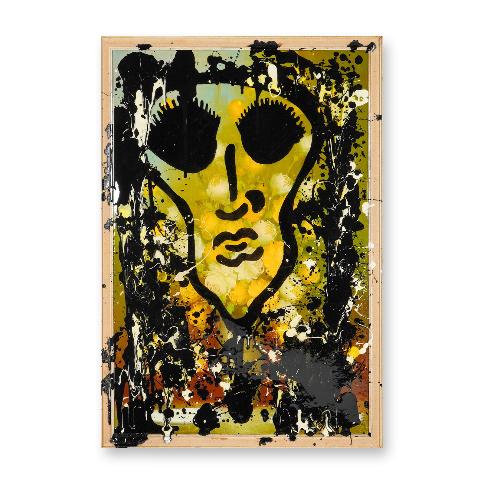 Contemporary Mixed-Media Painting on Canvas Signed Michelle: This contemporary mixed-media painting on canvas depicts a stylized face with large, dark eyes and wavy, black-lined lips. The composition is set against a background of yellow, white, and ochre, feat