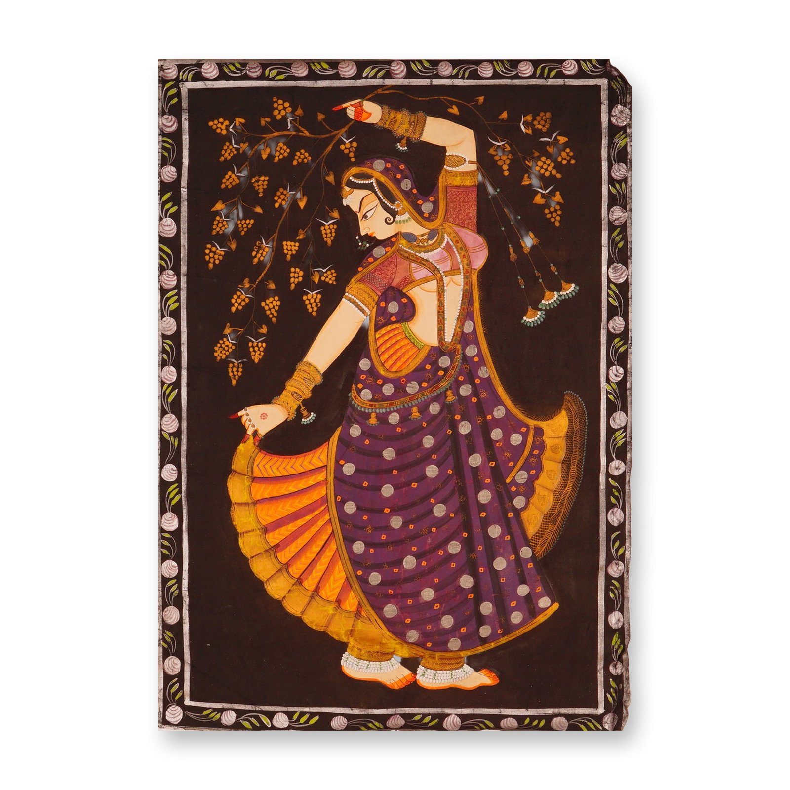 Indian Hand-Painted Woman with Branch Textile Art: A hand-painted textile artwork depicting a graceful woman in traditional attire holding a flowering branch. Rendered in rich hues of purple, gold, and orange, the composition highlights intricate patt