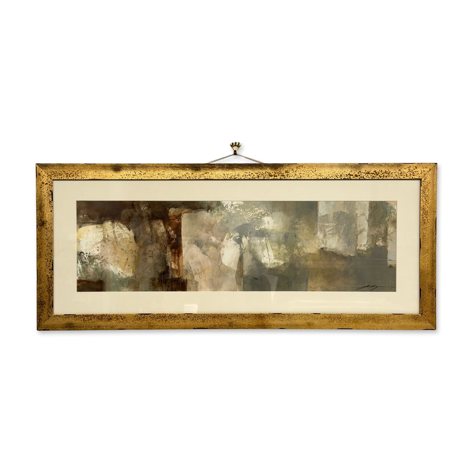 Mixed Media, Untitled Abstract, Signed: This modern abstract composition is executed in a mix of watercolor and gouache on heavy, textured paper. The work features layered, non-representational forms in a palette of muted earth tones, inclu