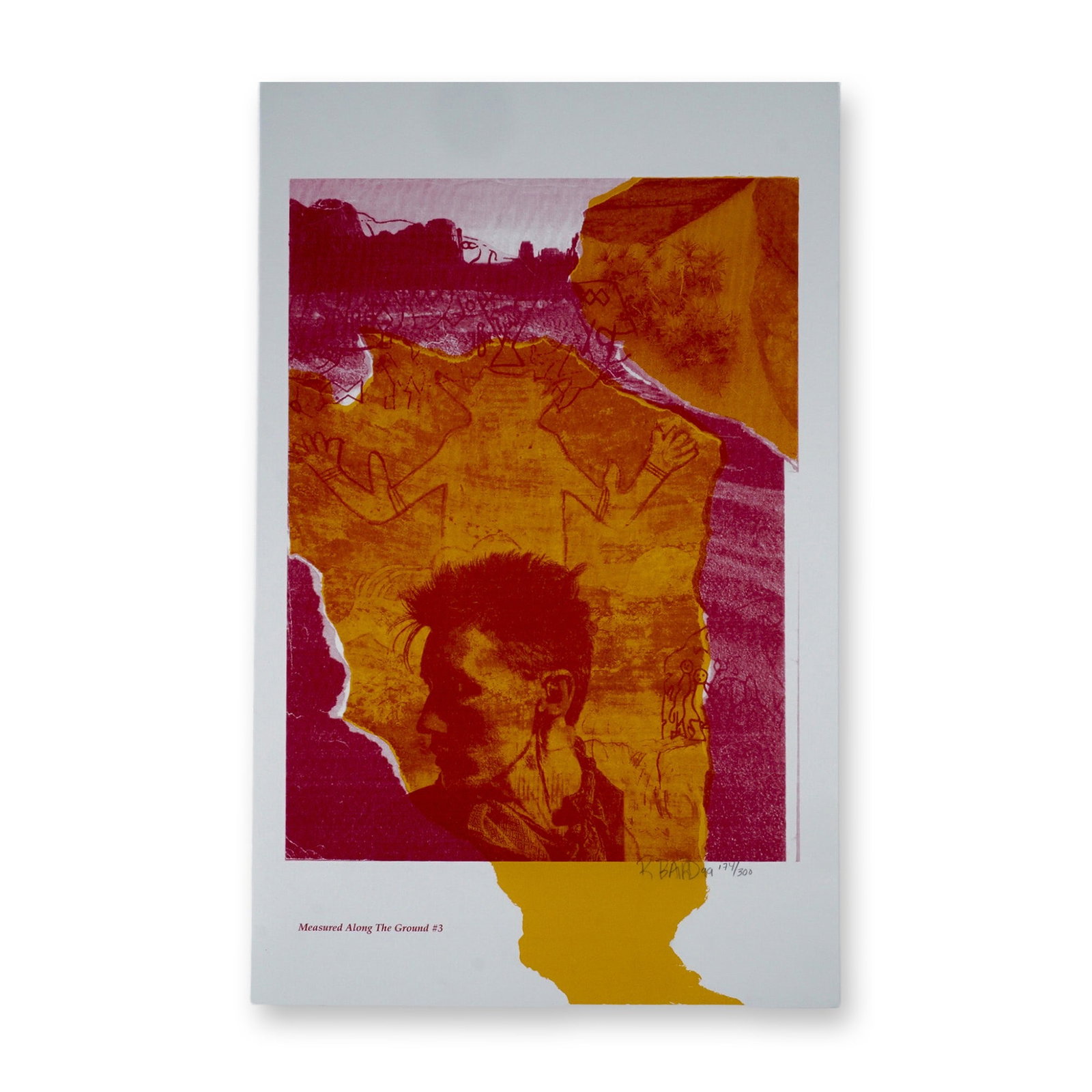 Rebecca Baird, Silkscreen on Paper, Measured Along The Ground #3, Signed: Limited edition silkscreen print by Rebecca Blaird, titled Measured Along The Ground #3. This composition employs a layered collage technique, integrating torn paper edges with contrasting tones of de