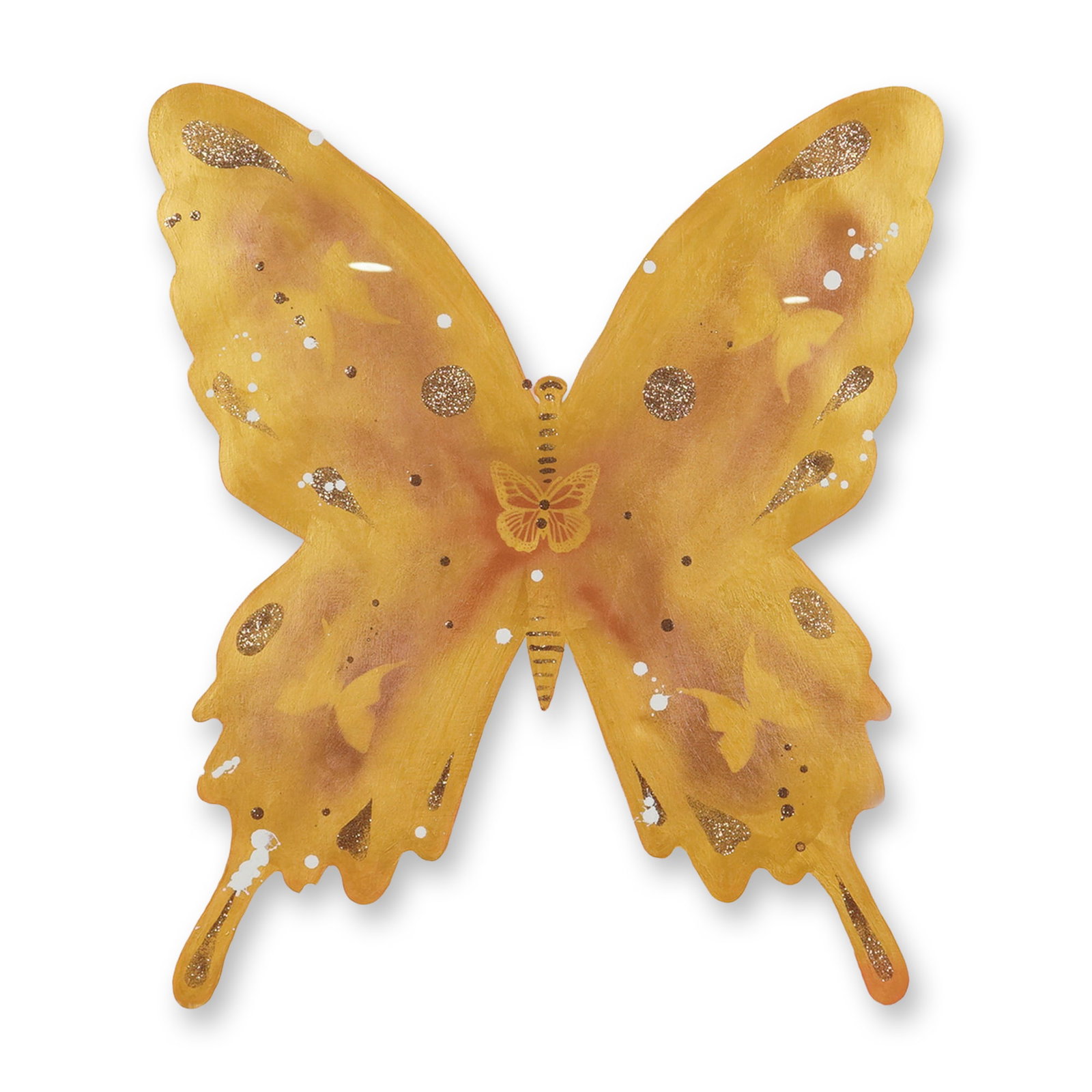 Sebastian Bispo Multimedia on Paper Painting of Butterflies: This multimedia on paper painting by Sebastian Bispo depicts butterflies and is executed with acrylic, glitter, and spray paint. The central figure is a large butterfly rendered in gold metallic paint