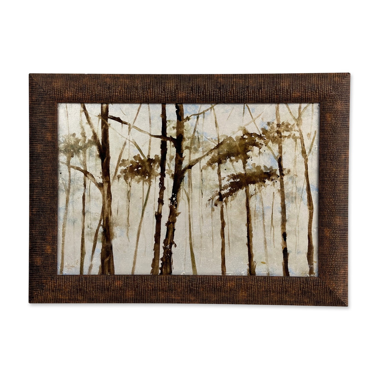 Woodland Landscape Mixed Media on Metal Plate, Paisaje V, 2006, Signed: The work is executed in watercolor and mixed media on a metal plate. Serene landscape painting depicting a stand of slender trees rendered in a loose, atmospheric style. The composition features delic