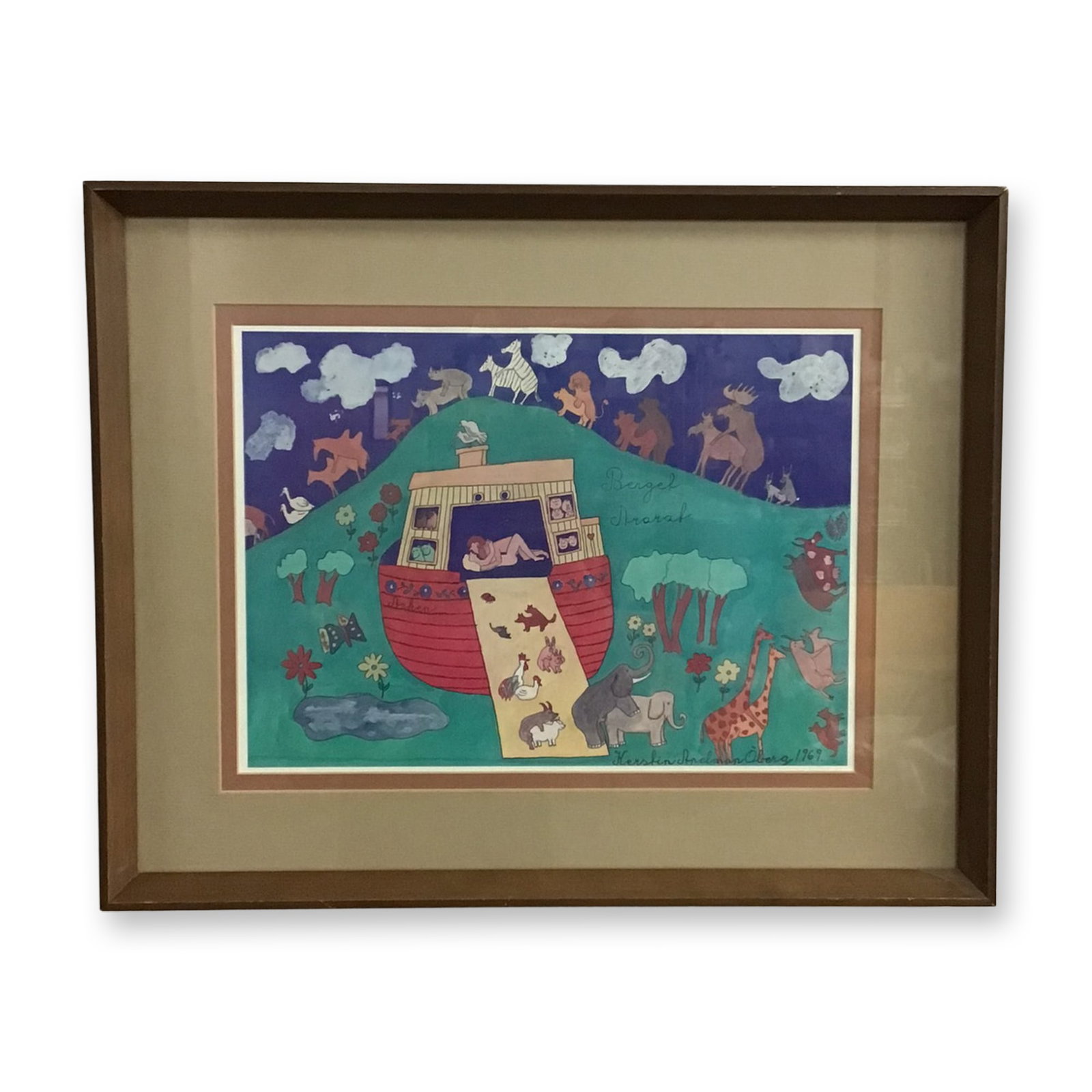 Kerstin Apelman -berg, Berget Ararat, Print: This whimsical print on paper by Kerstin Apelman -berg, titled Berget Ararat (Mount Ararat), presents a folk-art style interpretation of Noah's Ark. The composition features numerous pairs of animals 
