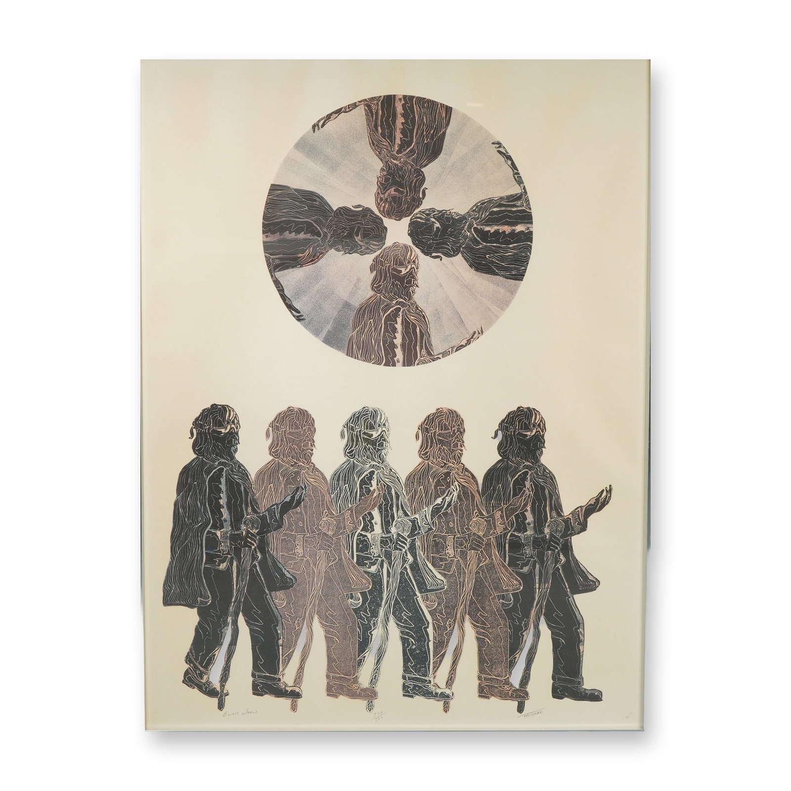 Theodore, Blind World, Large Woodcut on Paper, Edition 309/500: This large woodcut on paper is titled Blind World and is signed by the artist Theodore. The composition features stylized, monochromatic figures rendered in a woodblock or linocut technique on cream-c