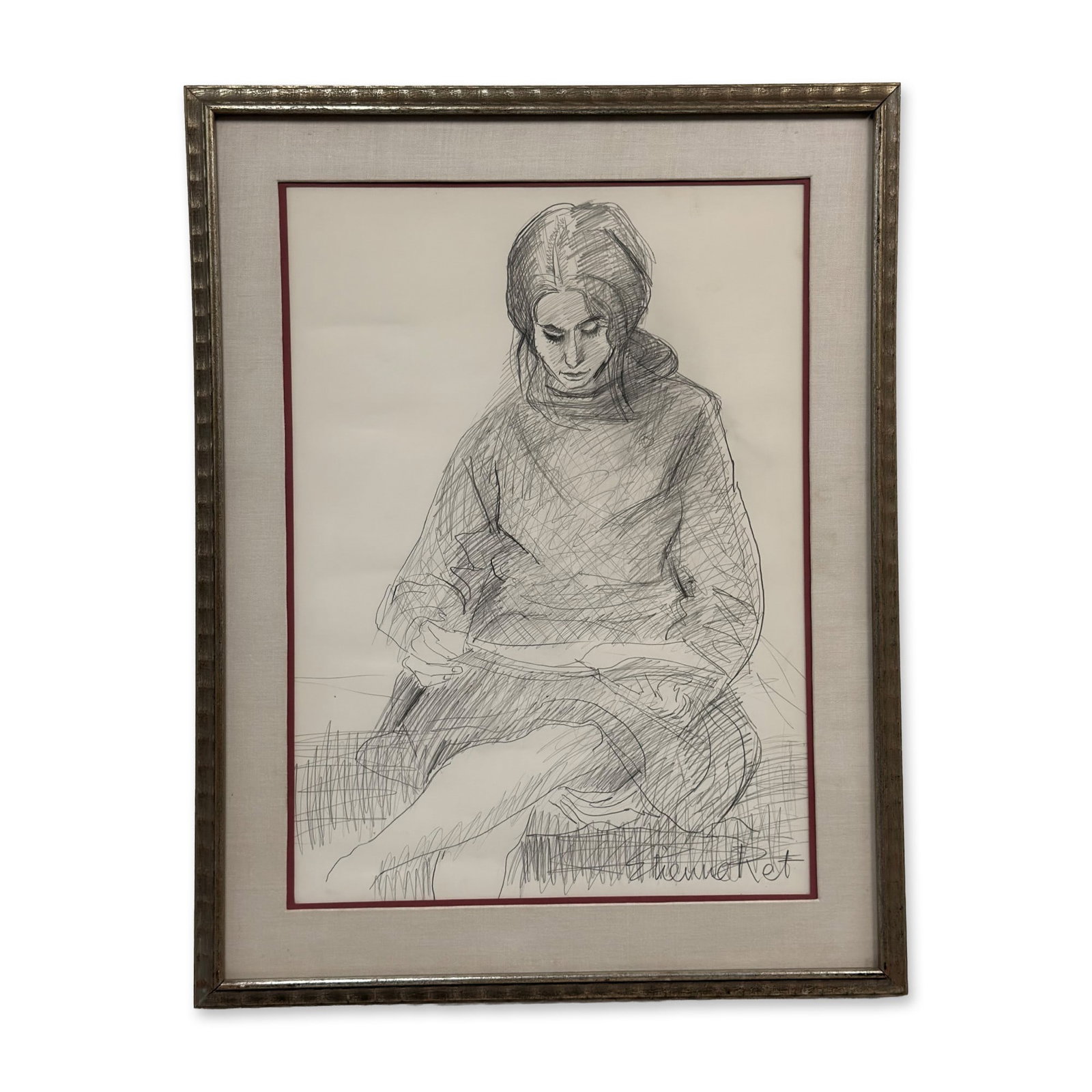Etienne Ret (French-American, 1900-1996), Seated Woman, Graphite on Paper: This original graphite drawing on wove paper is by the French-American artist Etienne Ret (1900-1996). The work depicts a seated woman in a contemplative pose, looking downward, rendered in an express