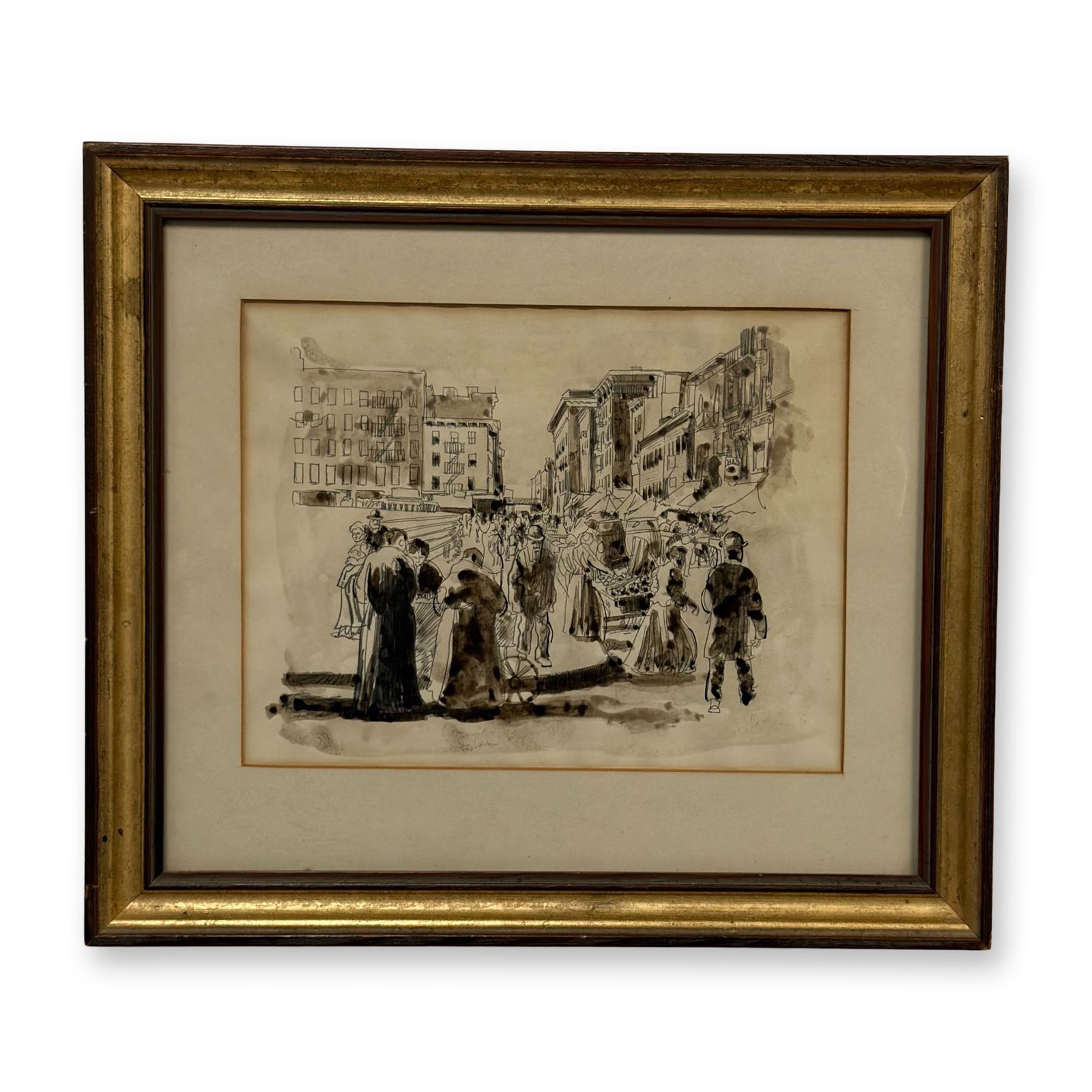 Late 19th Century Urban Market Scene, Graphite and Ink Wash on Paper: This framed graphite and ink wash on paper work in sepia tone depicts a lively urban cityscape and marketplace. The composition is filled with a dense crowd of figures in late 19th-century attire, inc