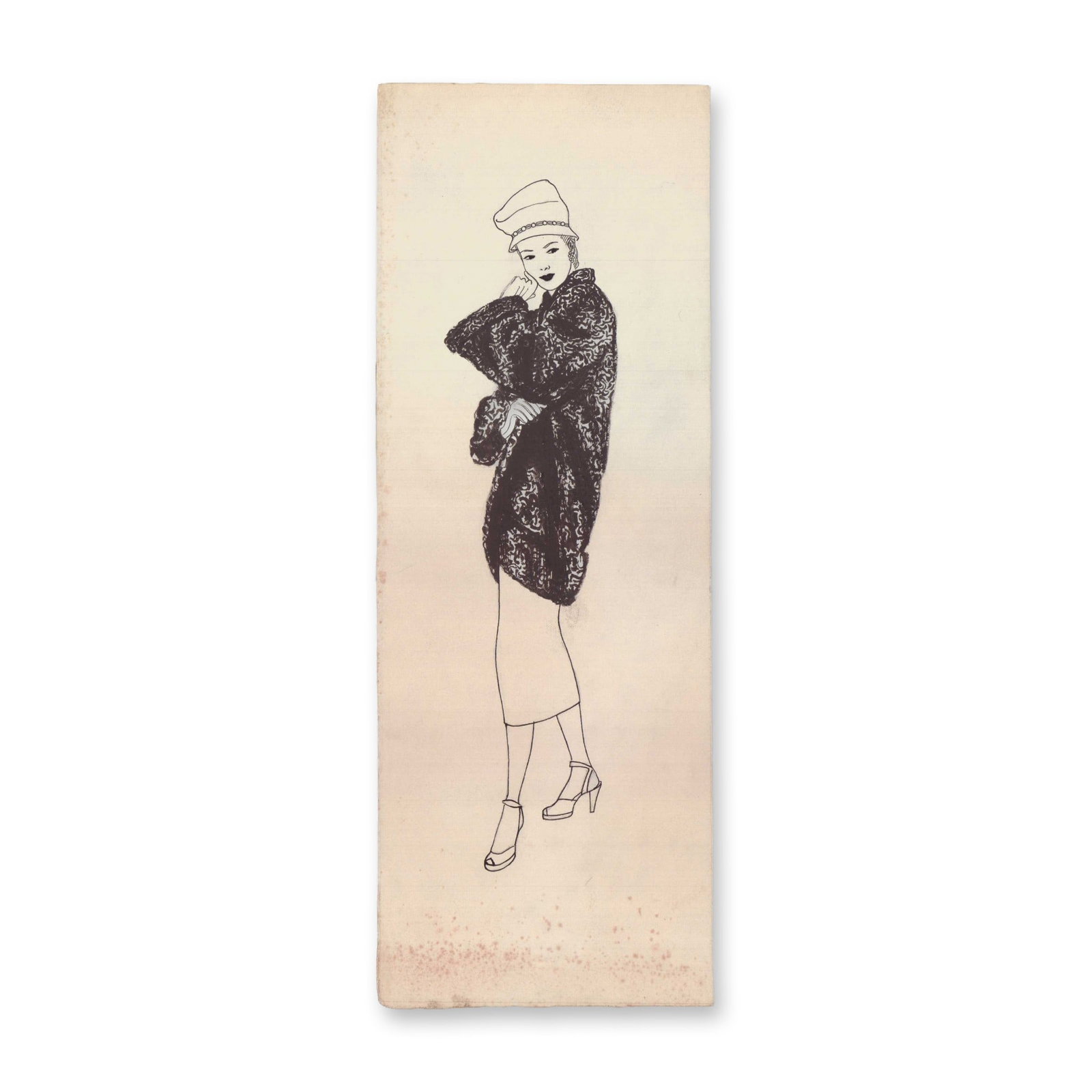 Wayne Hall Ink Drawing Illustration Woman in Fur Coat: Original ink drawing by Wayne Hall (American 1905-1969) depicting a standing woman in profile, wearing a cloche-style hat, high-heeled shoes, and an astrakhan fur coat intended for a crime pulp fictio