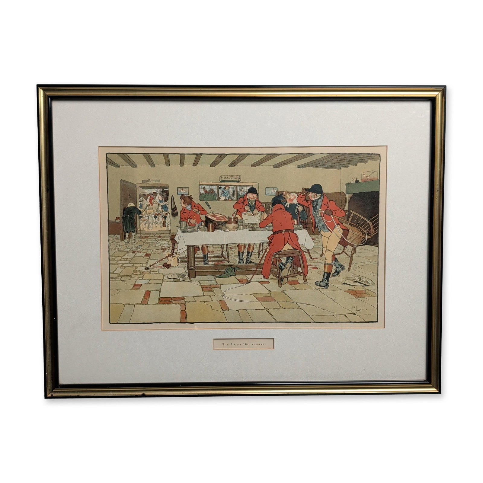 Cecil Aldin (British, 1870-1935) Color Lithograph, The Hunt Breakfast: Cecil Aldin (British, 1870-1935). Color lithograph titled "The Hunt Breakfast," depicting a group of foxhunters in traditional red coats gathered for a meal in a rustic interior. A pack of hounds and 
