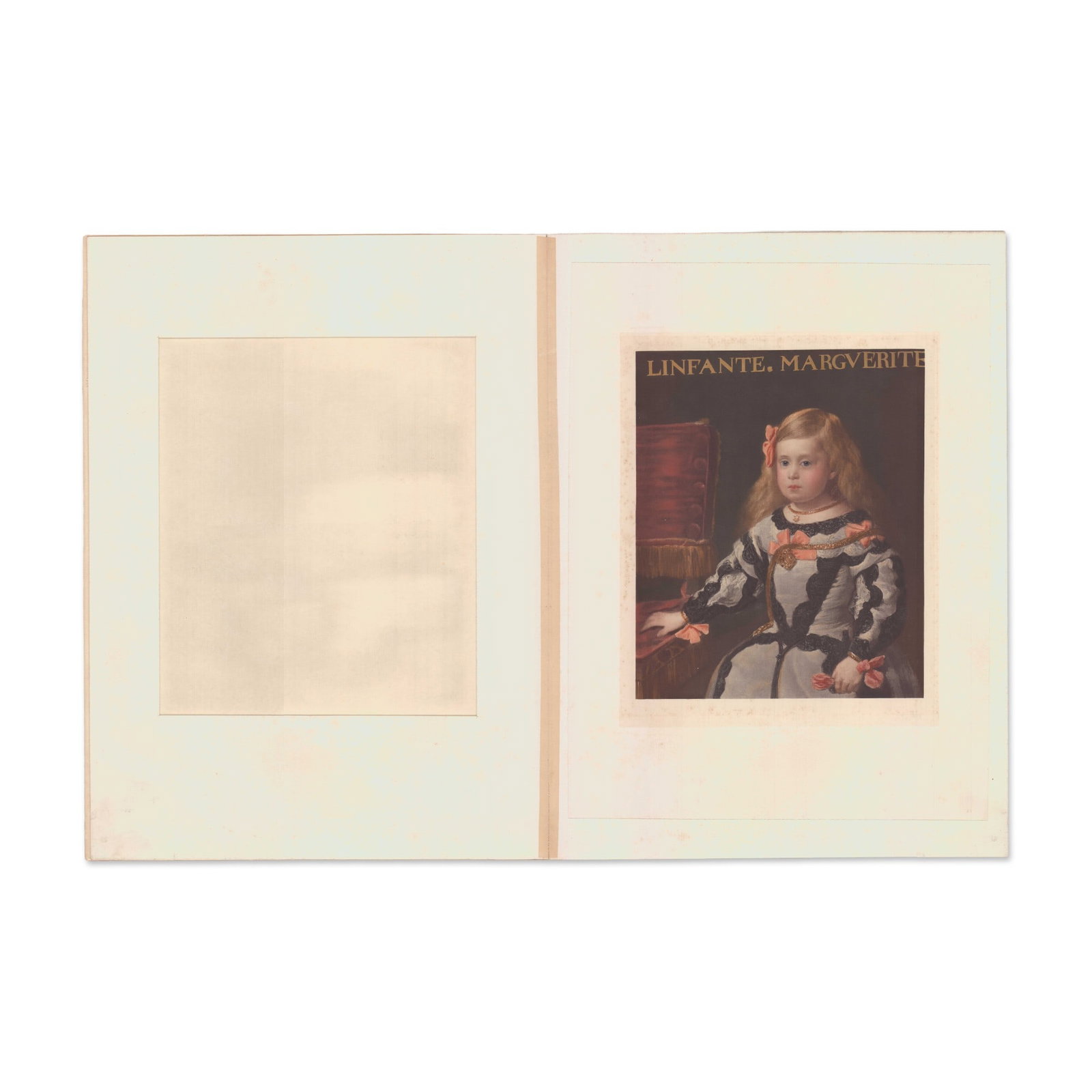 Diego Velazquez Chromolithograph Infanta Margarita Teresa: A chromolithograph after Diego Velazquez (Spanish, 1599-1660) depicting the Infanta Margarita Teresa (known here as Marguerite) in formal 17th-century Spanish court attire, seated next to a red