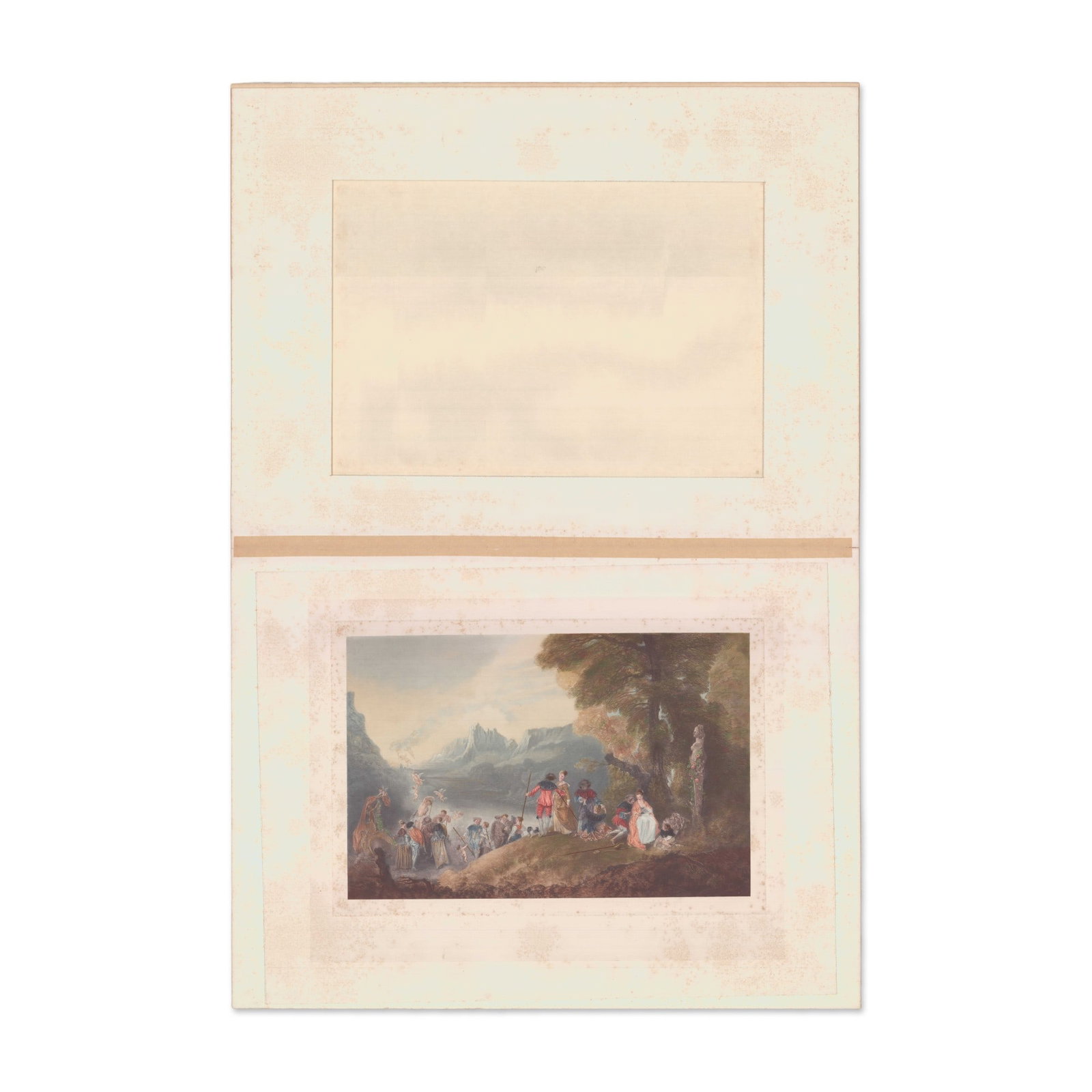Jean-Antoine Watteau Chromolithograph Embarkation for Cythera: A chromolithograph after Jean-Antoine Watteau (French 1684-1721) titled The Embarkation for Cythera . The composition features a group of figures dressed in elaborate 18th-century style attire