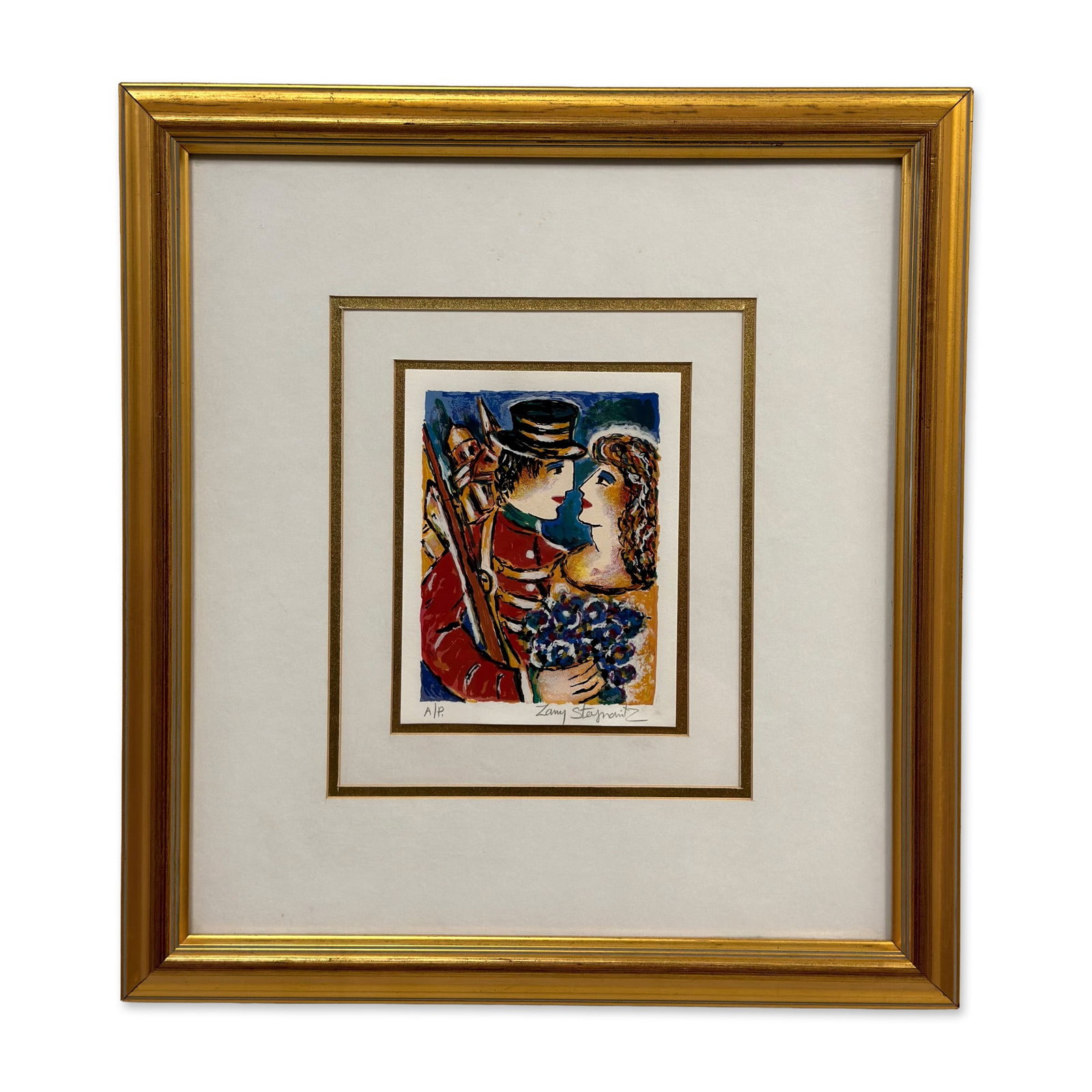 Zamy Steynovitz Hand Signed Artist Proof Serigraph Small Figures Soldier and Woman, Signed: This serigraph on paper by Zamy Steynovitz is titled Small Figures Soldier and Woman. The composition features a soldier in a red hussar-style uniform and a woman in profile, with a bouquet of blue fl