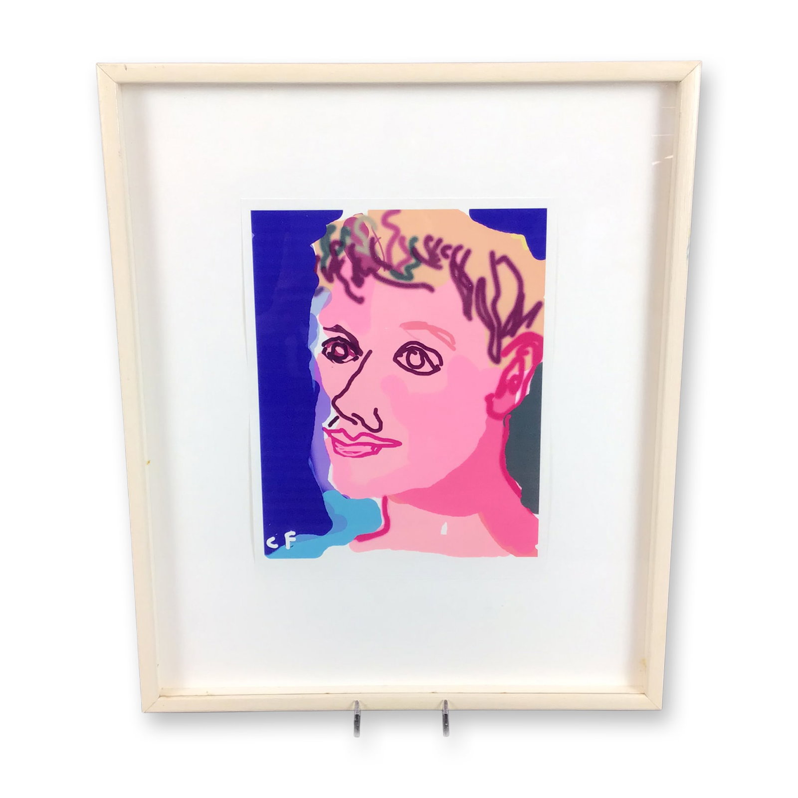 CF, Stylized Pop Art Portrait of a Man: This color screenprint or digital giclee depicts a stylized male portrait in a vibrant Pop Art aesthetic. The work is characterized by bold, dark outlines and saturated fields of pink, blue, and