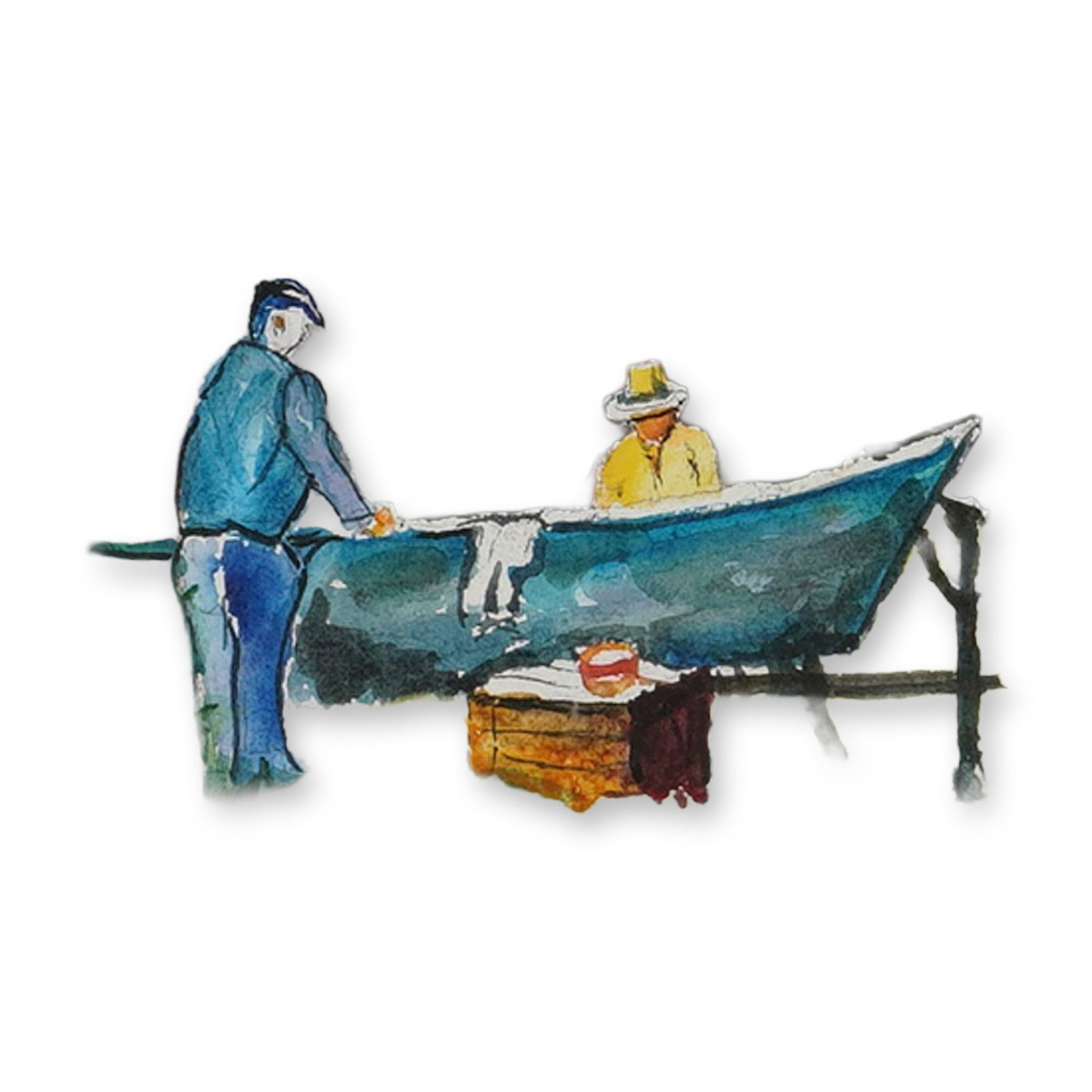 An Original Watercolor Painting of a Boat Yard, Signed Kontos: This original watercolor painting on paper depicts a maritime boat yard scene. The composition features a weathered wooden building with the inscription BOAT WORKS on the facade. In the foreground,
