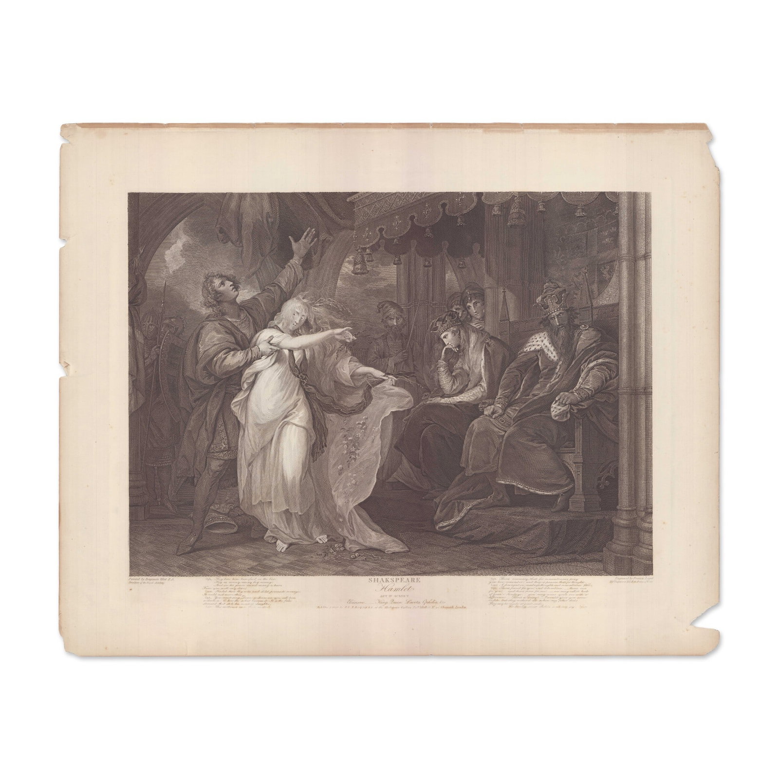 Benjamin West Engraving Hamlet Boydell Gallery 1800: Original large-format folio engraving by Francis Legat (1755-1809) after Benjamin West (1738-1820) issued for the Boydell Shakespeare Gallery project. It illustrates the scene from Hamlet with Op