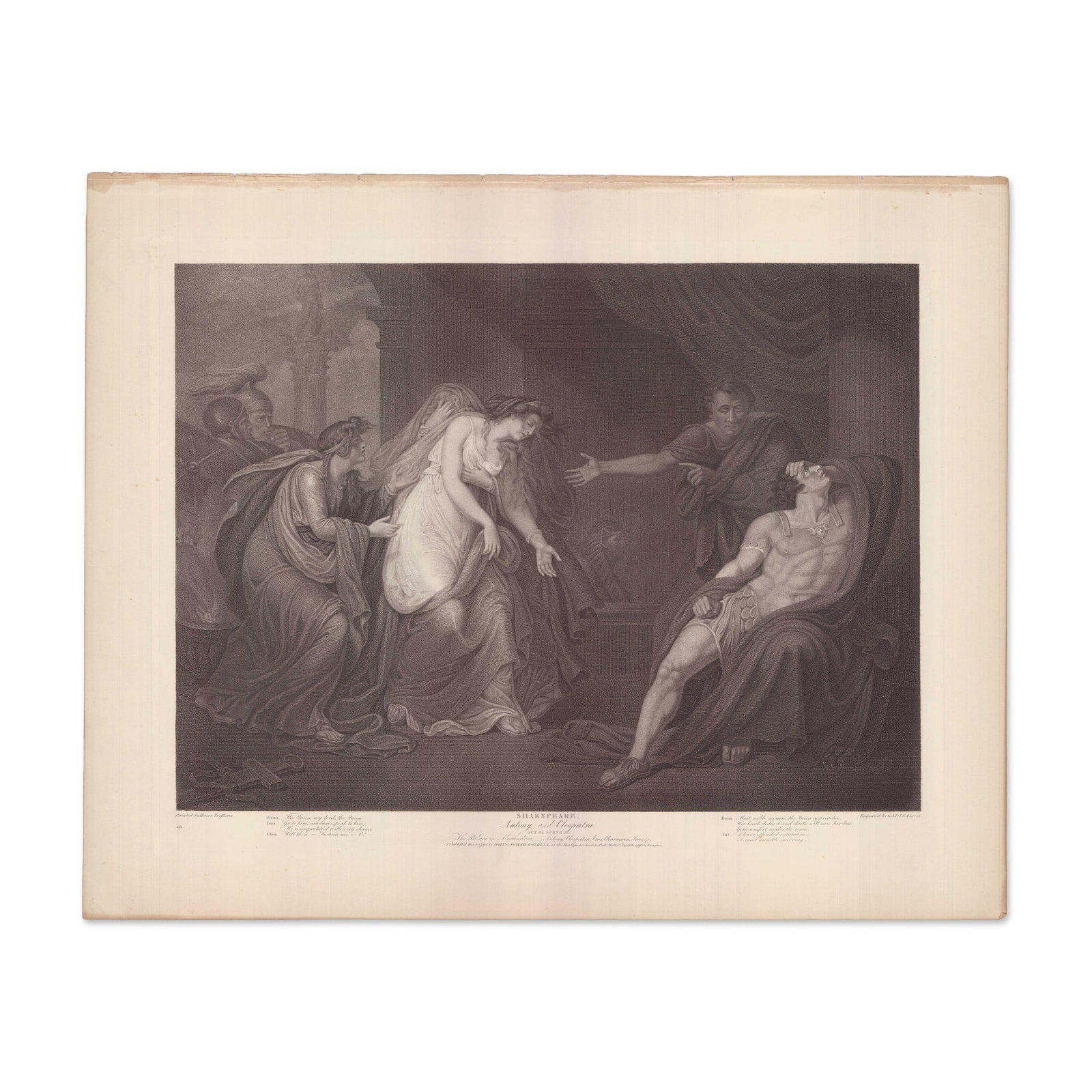 Folio Engraving after Henry Tresham, Shakespeare Antony & Cleopatra 1792: A large-format engraving on heavy wove paper after Henry Tresham (Irish/British, 1751??‚?1814) executed for the celebrated Boydell Shakespeare Gallery series. The work depicts a dramatic h