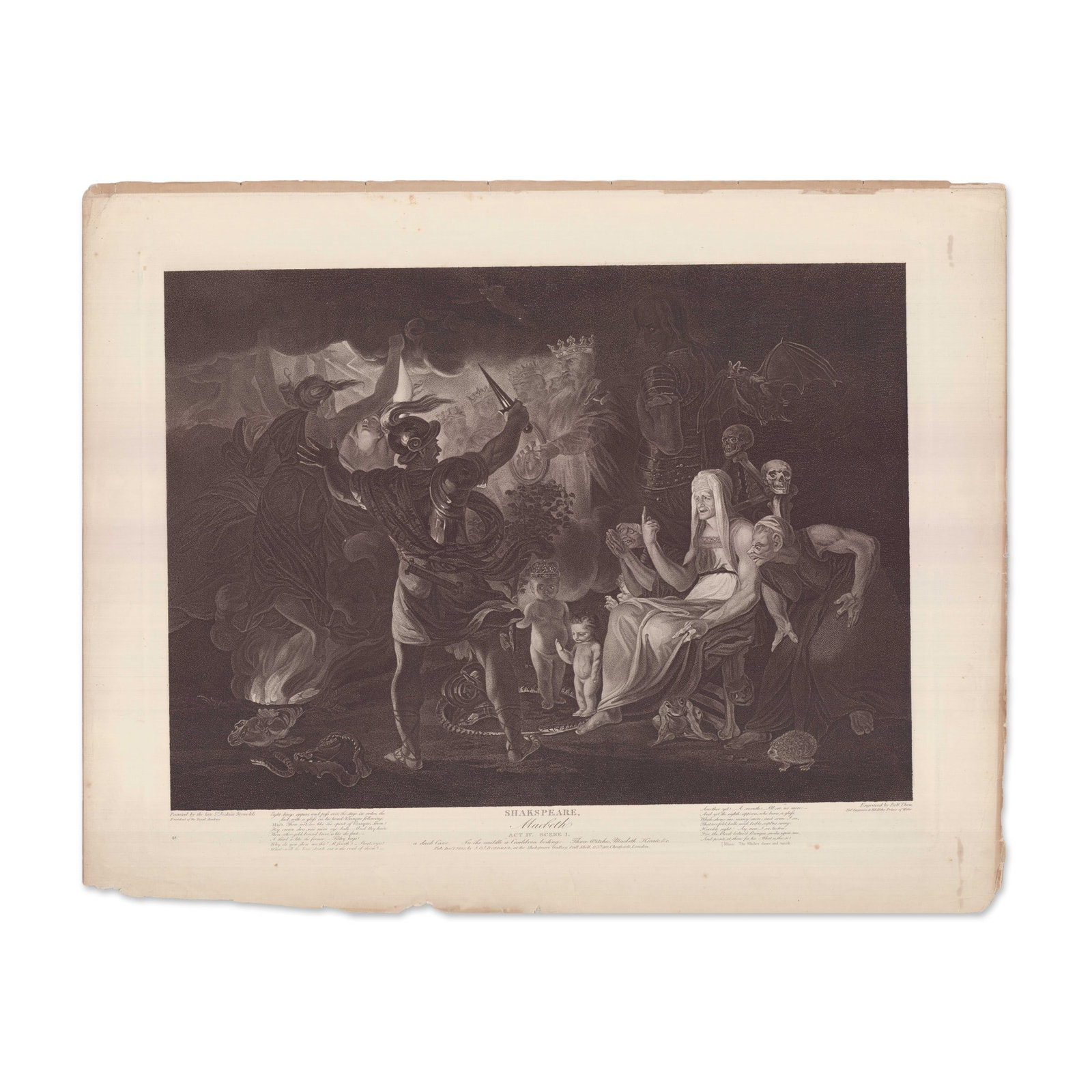 Folio Engraving after Sir Josuah Reynolds, Shakespeare Macbeth 1802: Large format copperplate engraving on laid paper by Robert Thew after Sir Josuah Reynolds from the Boydell Shakespeare Gallery series, published by J. & I. Boydell, at the Shakspeare Gallery, Pall