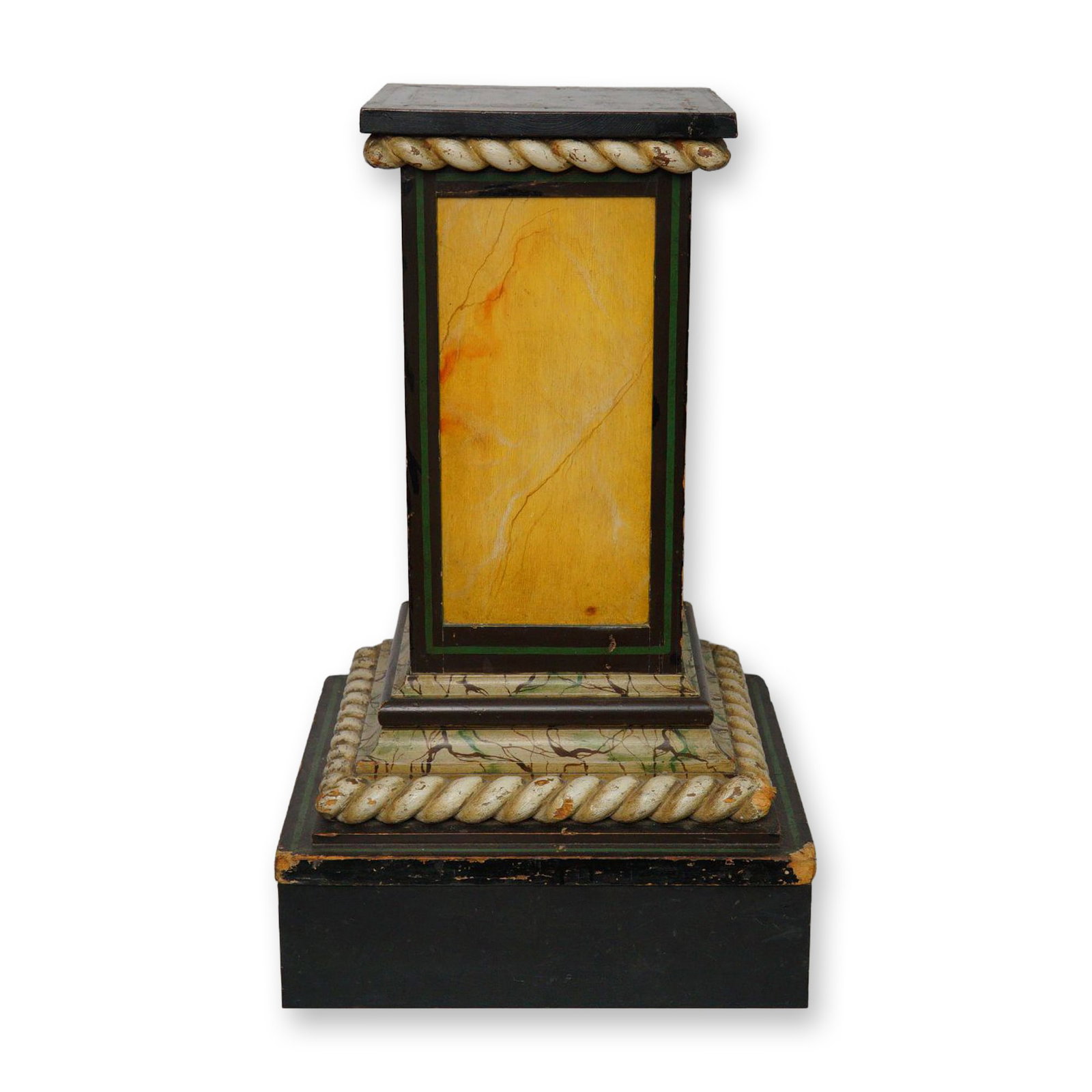 Lacquered Wooden Pedestal Stand: This pedestal stand is crafted from wood and features lacquer in shades of black, beige, green, and yellow. It also includes faux marble designs and rope borders. Dimensions: 20"L x 20"W x 33.75"H Wei