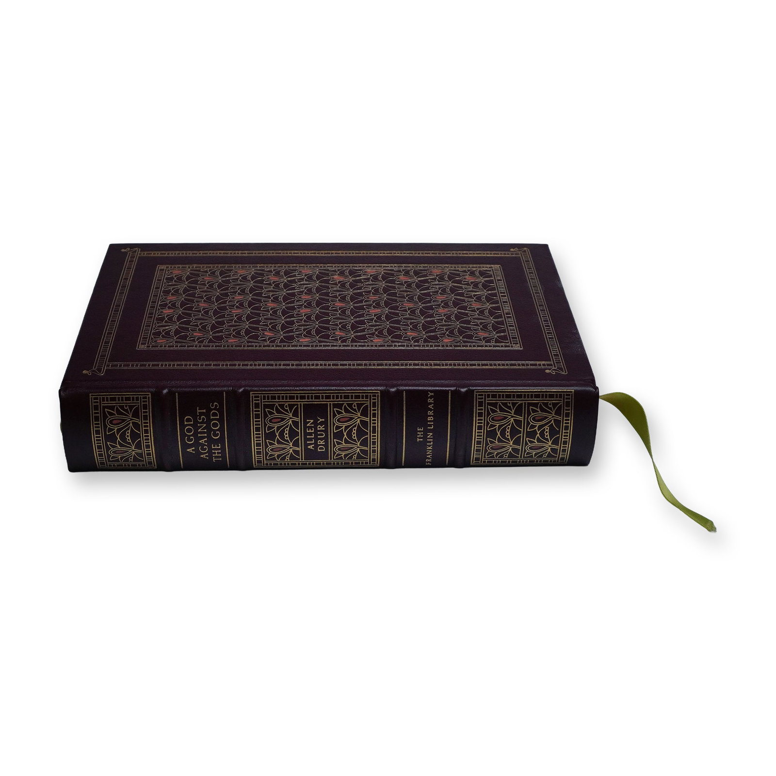 Allen Drury Franklin Library Hardcopy Book A God Against the Gods 1976: Franklin Library First Edition Society printing of A God Against the Gods by Allen Drury, illustrated by Ted CoConis and published in 1976. This collector's volume features a richly gilt-stamped maroo