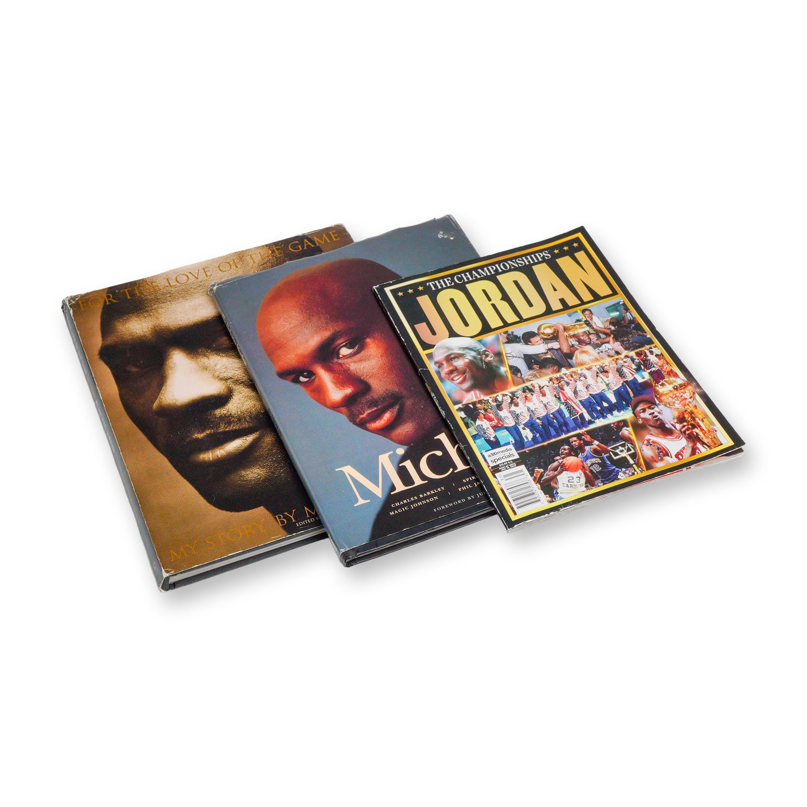 3pc Michael Jordan Magazine and Books: This lot features three publications focused on the career of Michael Jordan. The collection includes two hardcover books and one magazine. The first book is titled For the Love of the Game: My Story 