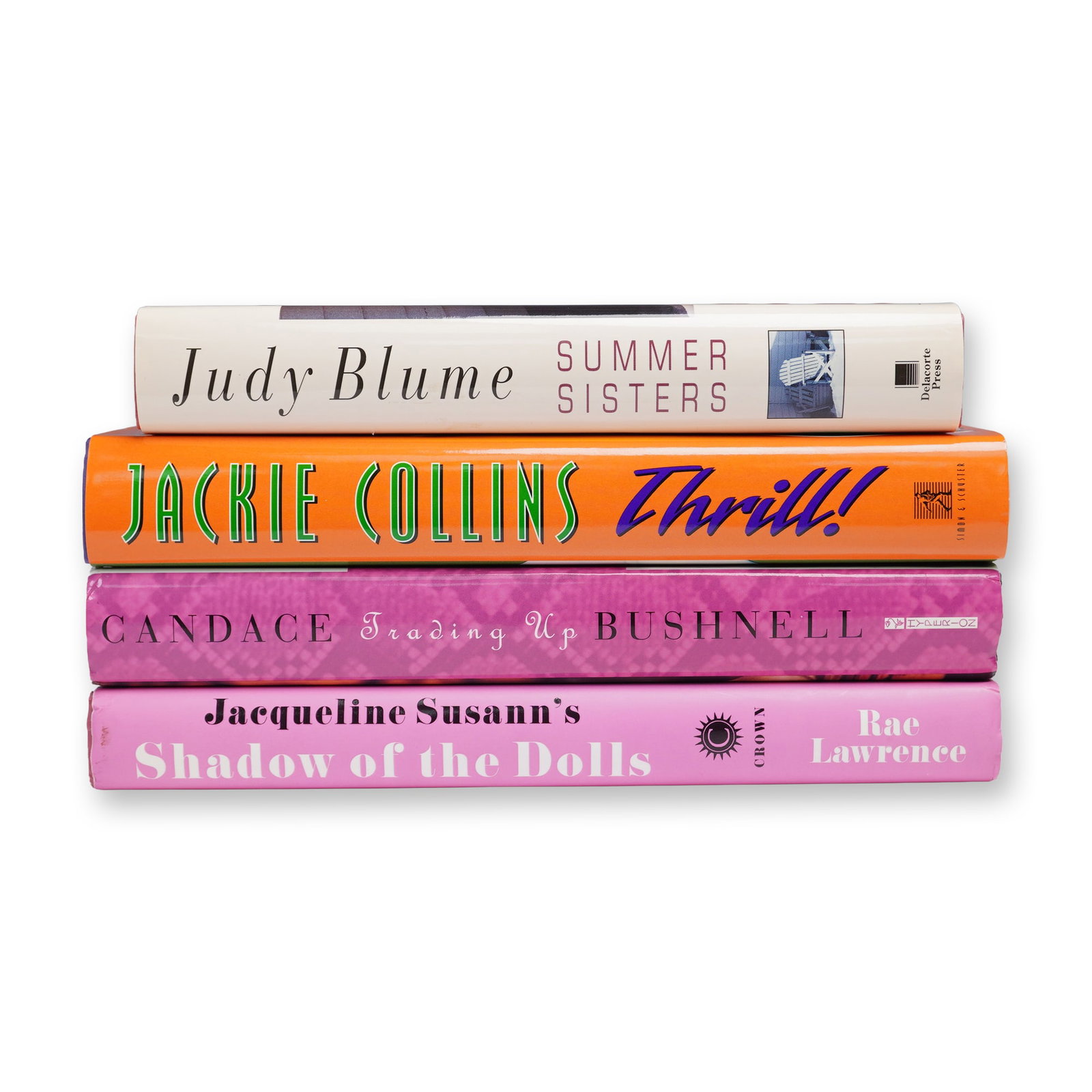 4pc Hardcover Book Lot Blume Collins Bushnell Lawrence: Four-piece hardcover book lot featuring bestselling fiction by popular female authors. Titles include Summer Sisters by Judy Blume, Thrill! by Jackie Collins, Trading Up by Candace Bushnell, and Shado