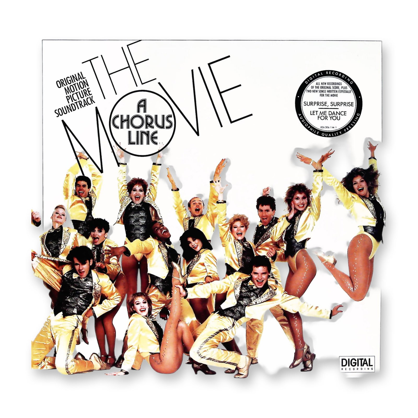 A Chorus Line Original Motion Picture Soundtrack 1985 Vinyl LP: A 12-inch vinyl record album for "THE MOVIE: A CHORUS LINE ORIGINAL MOTION PICTURE SOUNDTRACK," released in 1985. The front cover features a dynamic photographic collage of approximately sixteen dance