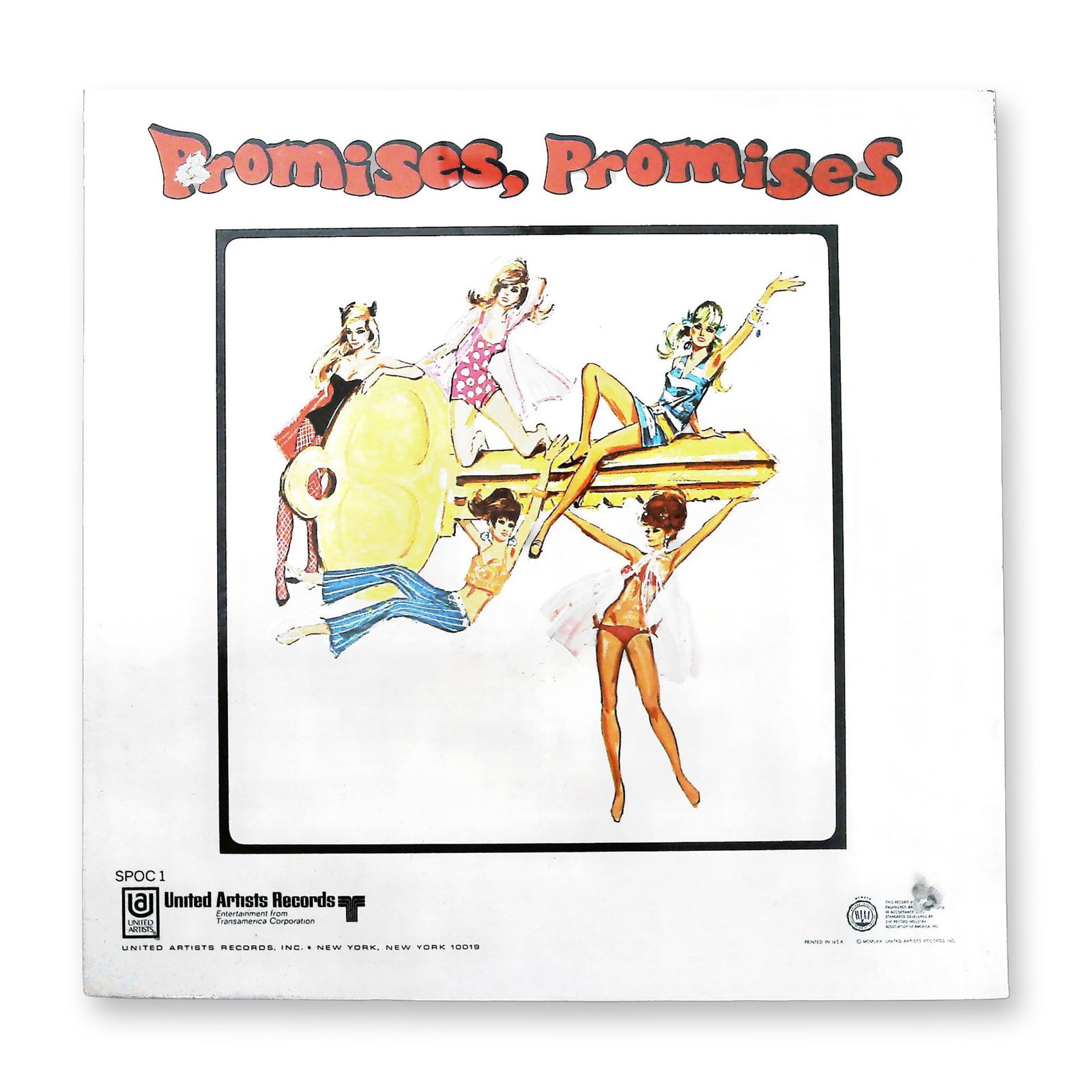 Promotional LP Sleeve for Promises, Promises United Artists Records 1969: A promotional cardboard long-playing record sleeve (LP cover) for the original Broadway musical Promises, Promises. The item was published by United Artists Records with a copyright date of MCMXIX (19