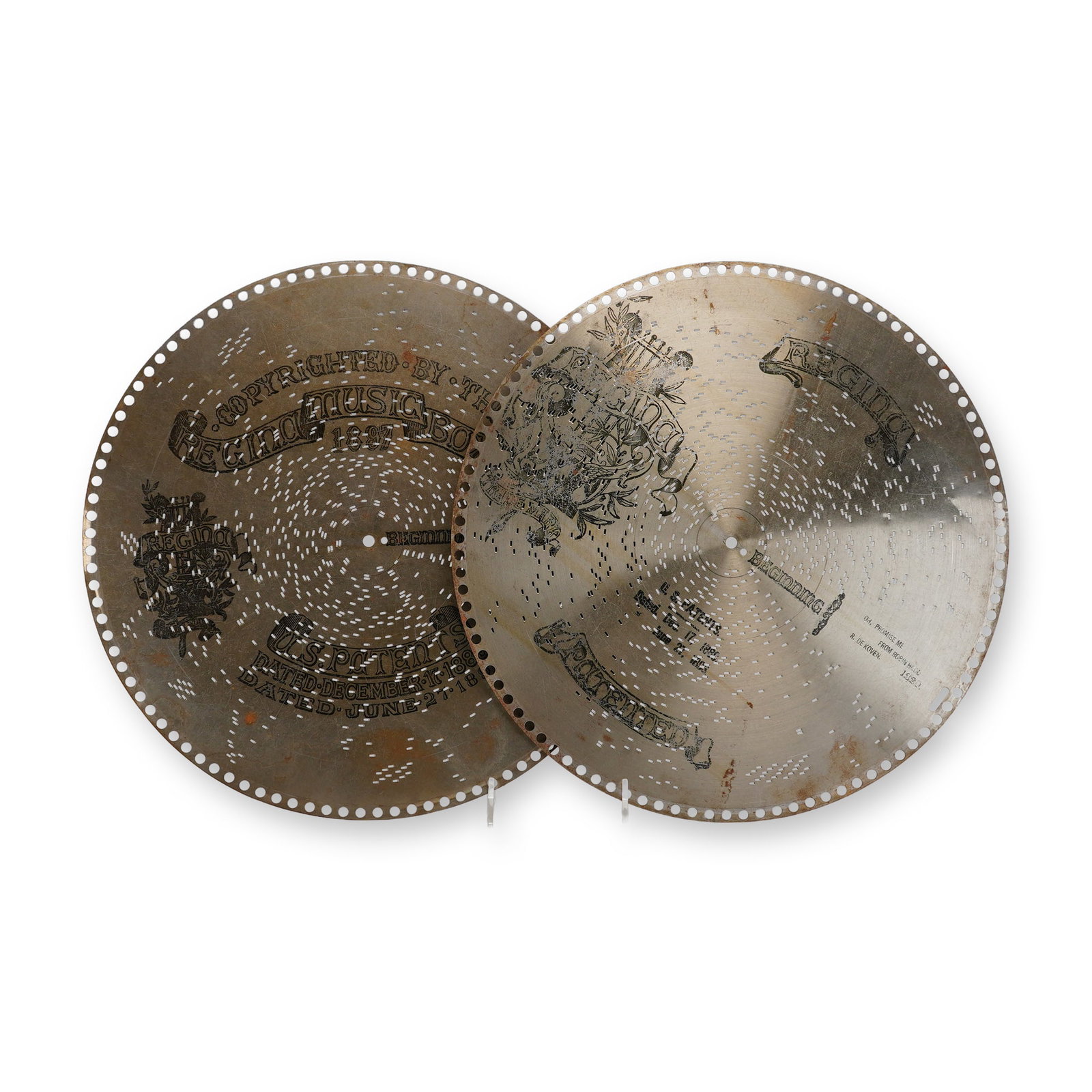 Regina 15.5-Inch Music Box Discs, Pair of Antique Metal Discs, 1897 (1 of 2)