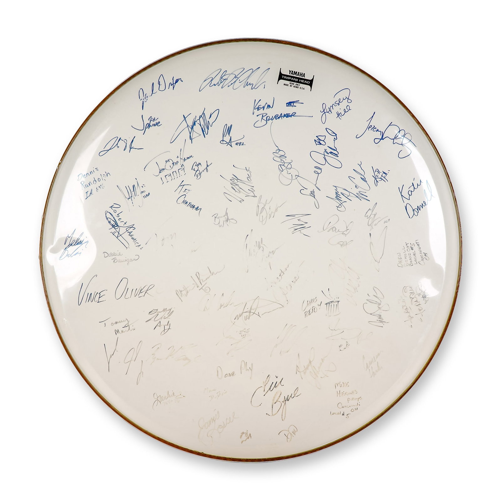 Yamaha Timpani Head with Signatures IATSE Local 5 Cincinnati: An extraordinary Yamaha timpani head transformed into a collector's piece, signed by dozens of musicians, performers and crew from the local 5 chapter of the International Alliance of Theatrical Stage