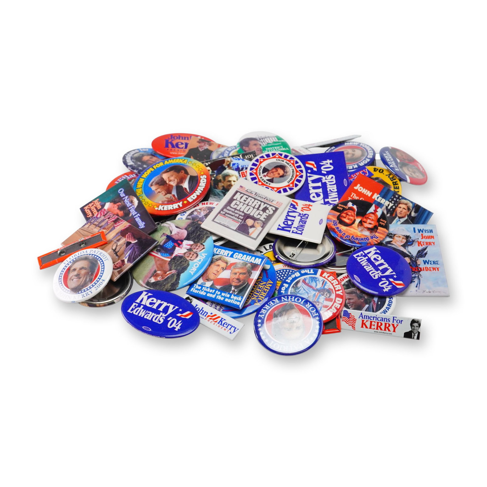 A Collection of Approximately 30 John Kerry and John Edwards 2004 Presidential Campaign Pinback: This collection of political ephemera consists of approximately 30 items related to the 2004 United States presidential campaign of John Kerry and his running mate John Edwards. The collection primari