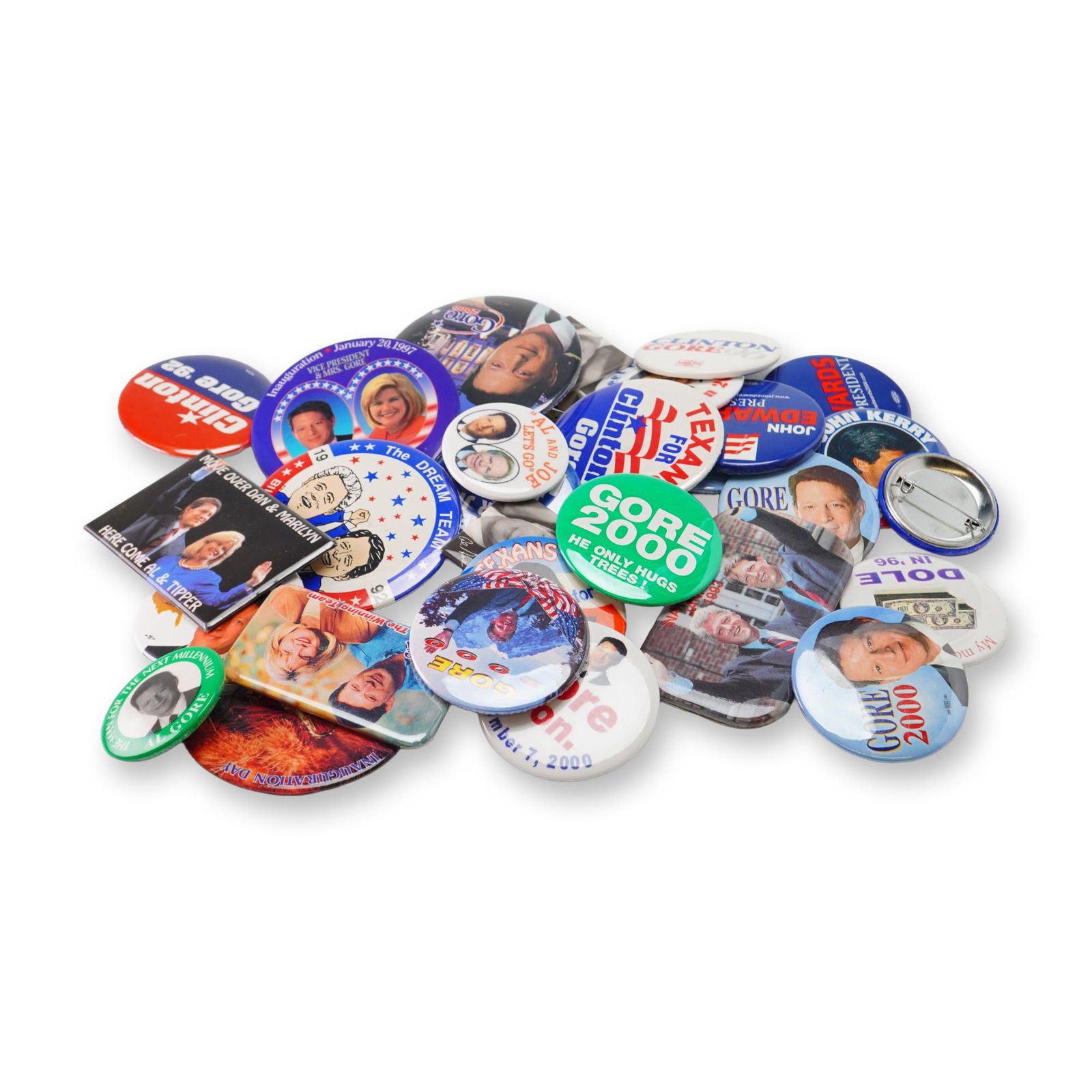 A Collection of United States Presidential and Vice Presidential Campaign Pinback Buttons, circa: This collection consists of approximately 25 to 30 political campaign pins and buttons primarily representing United States Presidential and Vice Presidential candidates from the late 20th and early 2