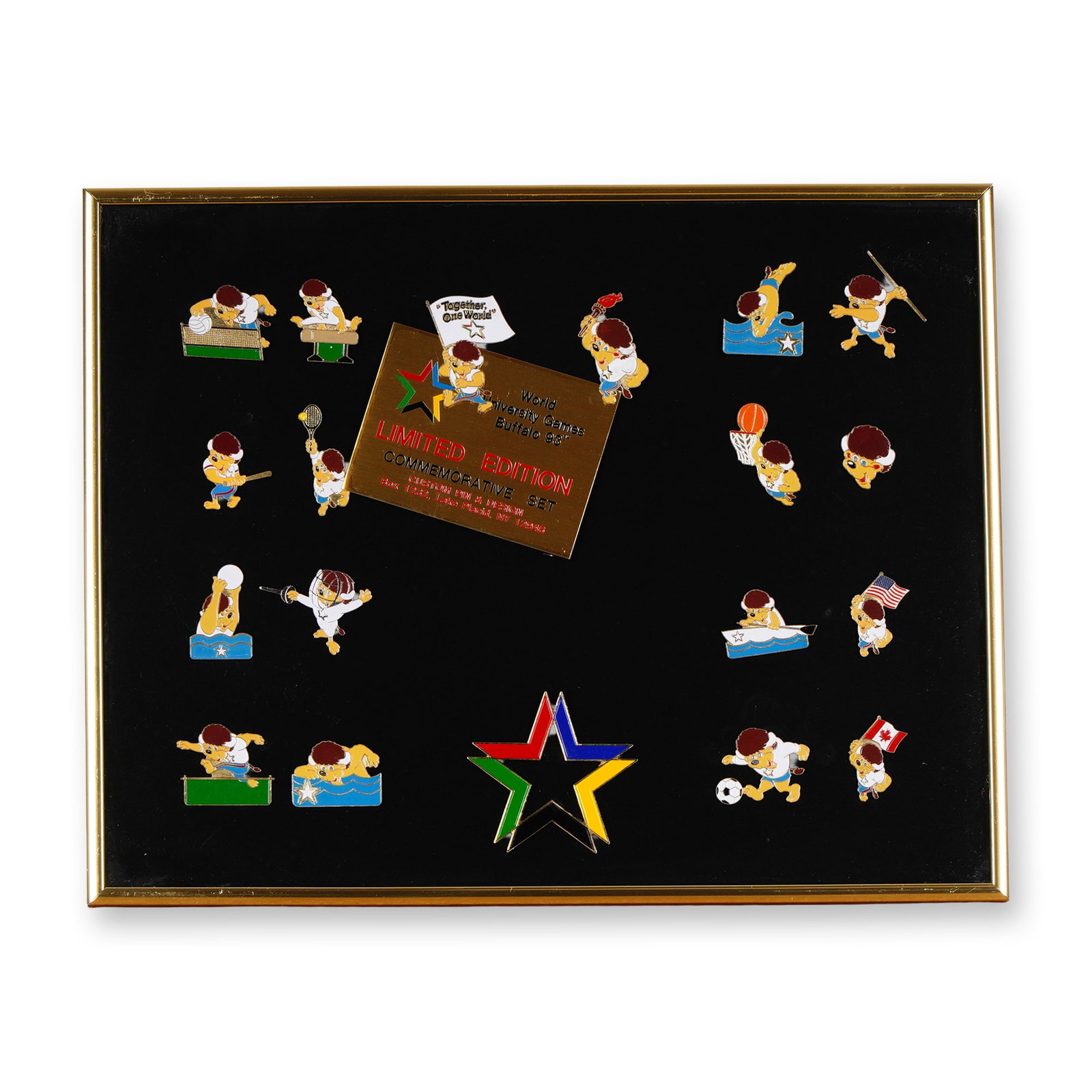 World University Games Buffalo 93 Limited Edition Commemorative Pin Set: A collection of enamel pins from the World University Games, held in Buffalo, New York in 1993. This limited edition commemorative set, designed by Custom Pin & Design of Lake Placid, New York, featur