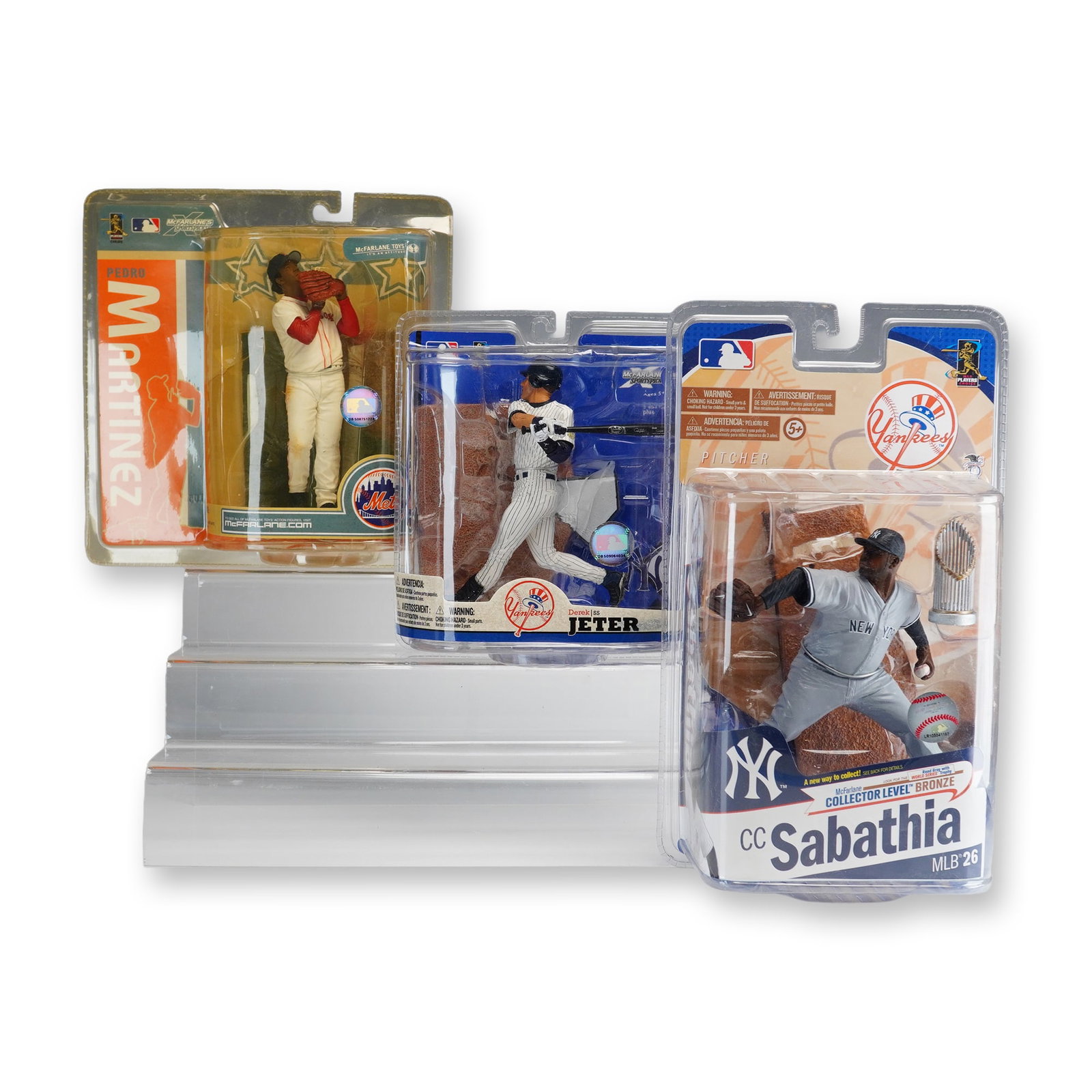 3pc McFarlane Toys MLB SportsPicks Action Figures Featuring Pedro Martinez, Derek Jeter, and CC: This lot consists of a trio of McFarlane Toys MLB SportsPicks action figures, each presented in its original blister packaging. The collection includes three prominent players from the 19th, 22nd, and