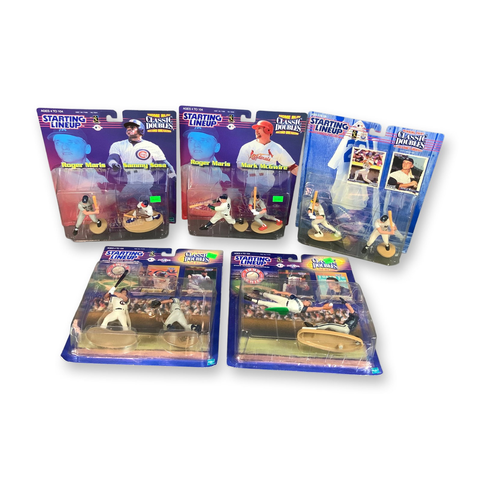 5pc Starting Lineup Classic Doubles MLB Baseball Action Figures: A collection of five factory-sealed Starting Lineup Classic Doubles sports collectible sets produced by Hasbro circa 1999. The group includes several sub-series highlighting significant players from M