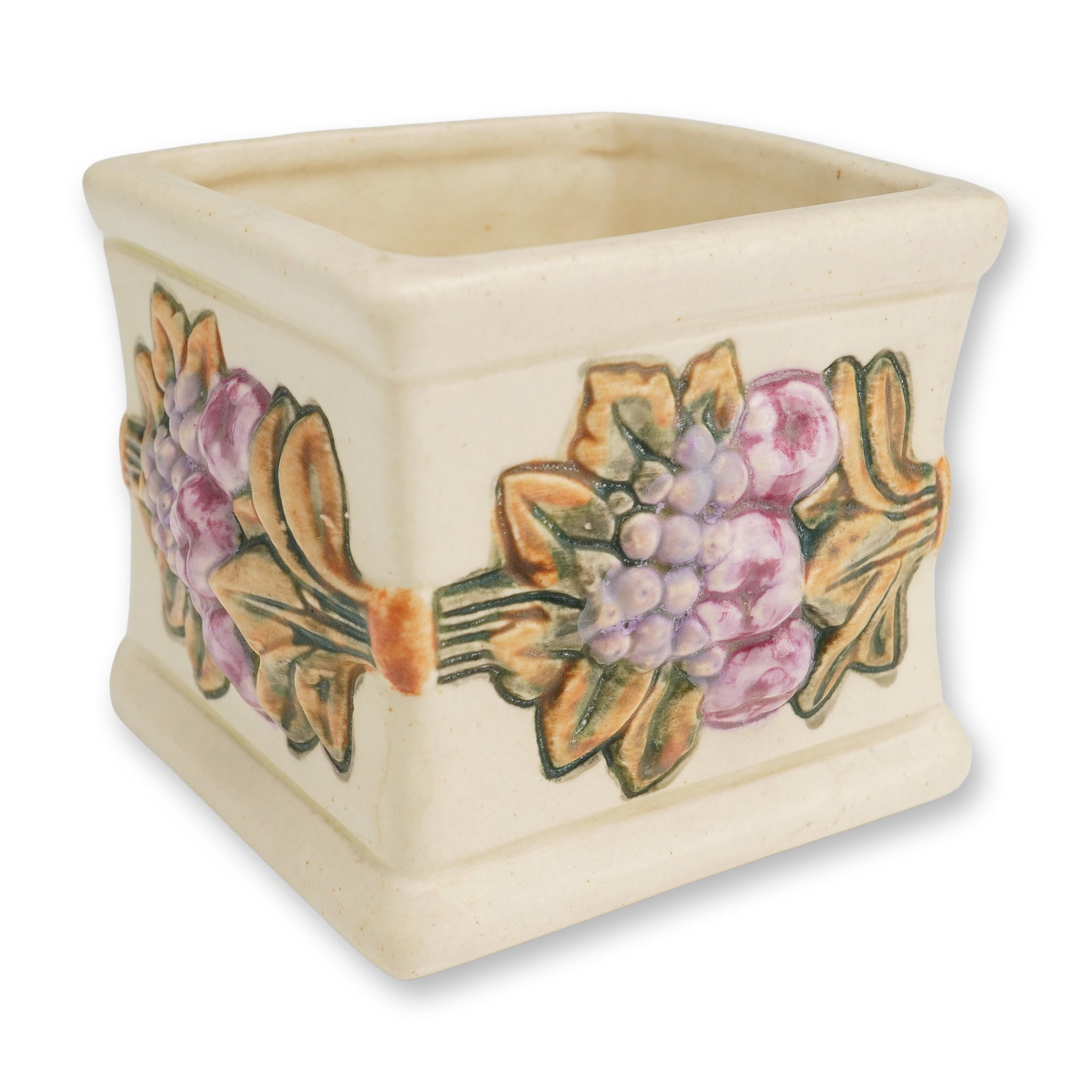 Weller Pottery Roma Square Planter: This is an American Art Pottery square planter produced by Weller Pottery of Zanesville, Ohio, in the Roma pattern. This glazed earthenware vessel features a flared rim and slightly projecting base. T