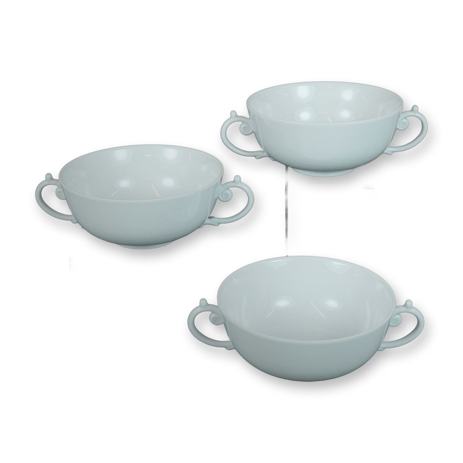3pc L'Objet Double Handle Porcelain Soup Bowls, Aegean White: A trio of three L'Objet Aegean double handle soup bowls featuring white porcelain construction and marked with the L'Objet backstamp. Dimensions: 7.75"L x 6.00"W x 2.50"H Weight: 2.11 lb