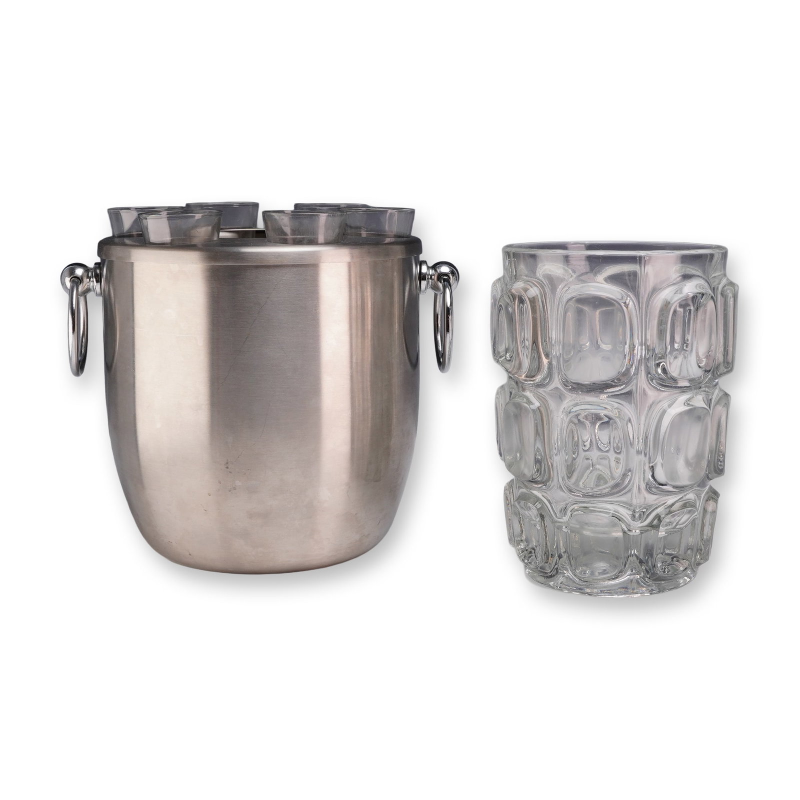 Oggi Stainless Steel Shot Chiller and Textured Glass Vessel: Barware group featuring an Oggi Corporation stainless steel shot chiller set and a molded clear glass vessel. The Oggi set is constructed of 18/8 stainless steel with a brushed exterior finish and
