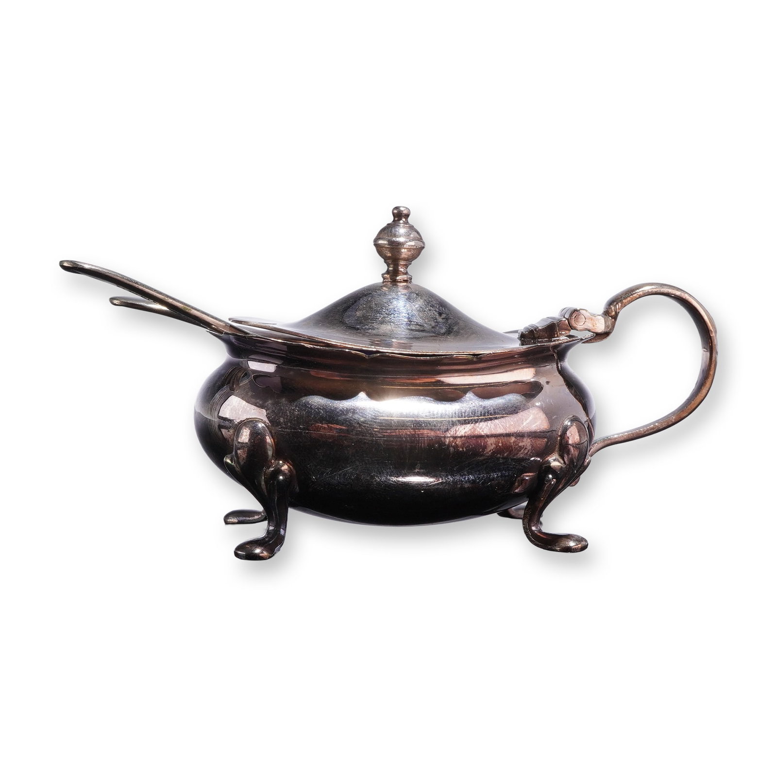 English Silver-Plated EPNS Barker Brothers Condiment Pot with Cobalt Blue Liner and Two Spoons: This English silver-plated condiment set is produced by Barker Brothers Silver Ltd. of Birmingham, England. The set consists of a small lidded pot, identified as an EPNS mini salt cellar or condiment