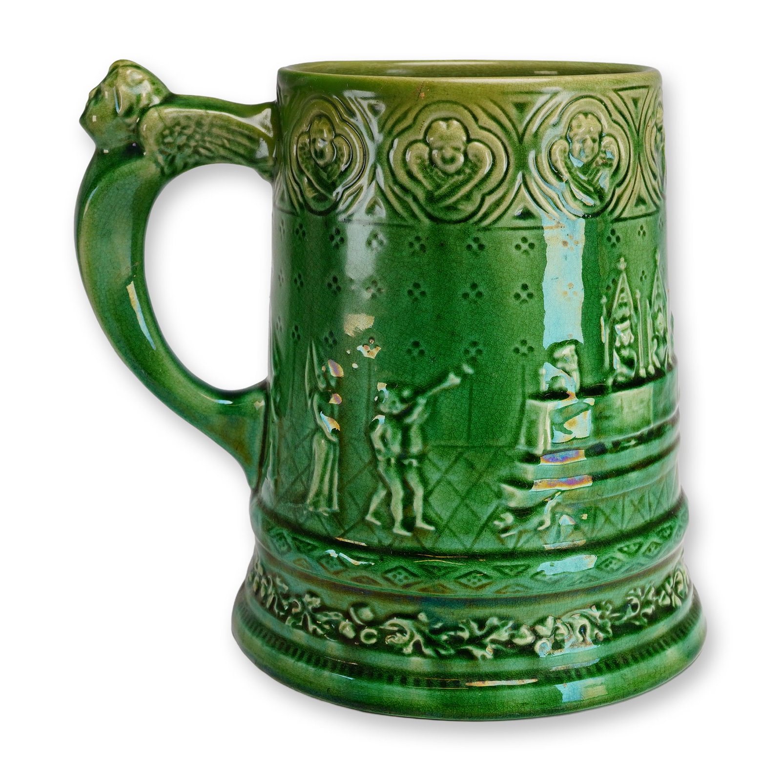 Victorian Style Majolica Royal Banquet Tankard: A Victorian-era molded majolica ceramic tankard, frequently referred to as the Royal Banquet or Kings and Queens pattern. This piece is attributed to or made in the style of the Portuguese