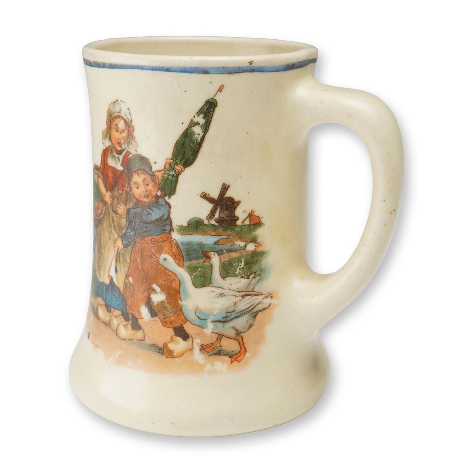 2pc Unmarked Dutch-Inspired Mugs, Fishing & Goose Girl Designs: This charming set of two unmarked mugs features Dutch-inspired scenes, with vivid hand-painted designs. One mug shows a young boy and girl fishing by the water, with the boy holding a fishing rod and