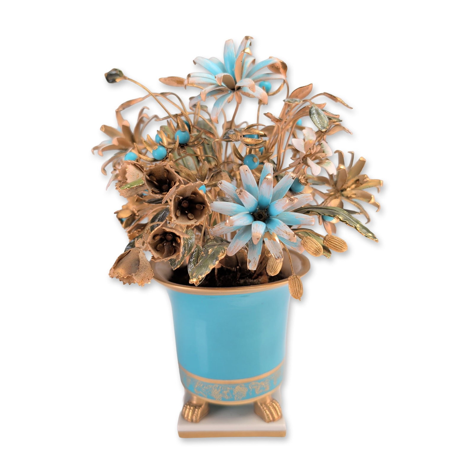 Jane Hutcheson for Gorham Fleurs des Siecles Style Floral Arrangement: Jane Hutcheson for Gorham Fleurs des Siecles style floral arrangement featuring an enameled and gilt metal bouquet in a porcelain pedestal vase. The arrangement contains enameled daisies with