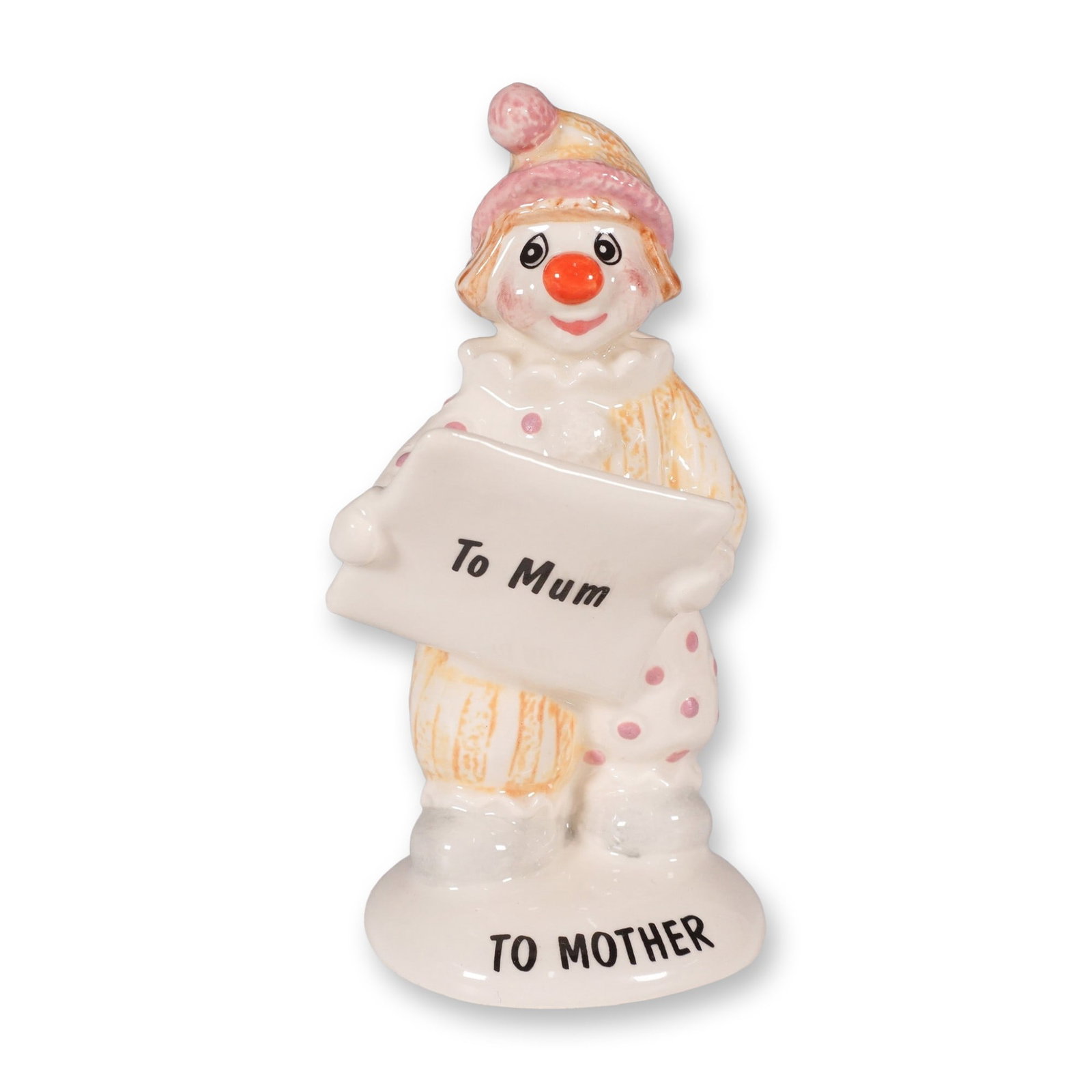 John Beswick To Mother Little Lovables Clown Figurine, LL12: Charming John Beswick Little Lovables ceramic figurine titled To Mother, model LL12. This hand-painted clown, dressed in pastel polka-dotted attire with a matching hat, holds a letter inscribed "To