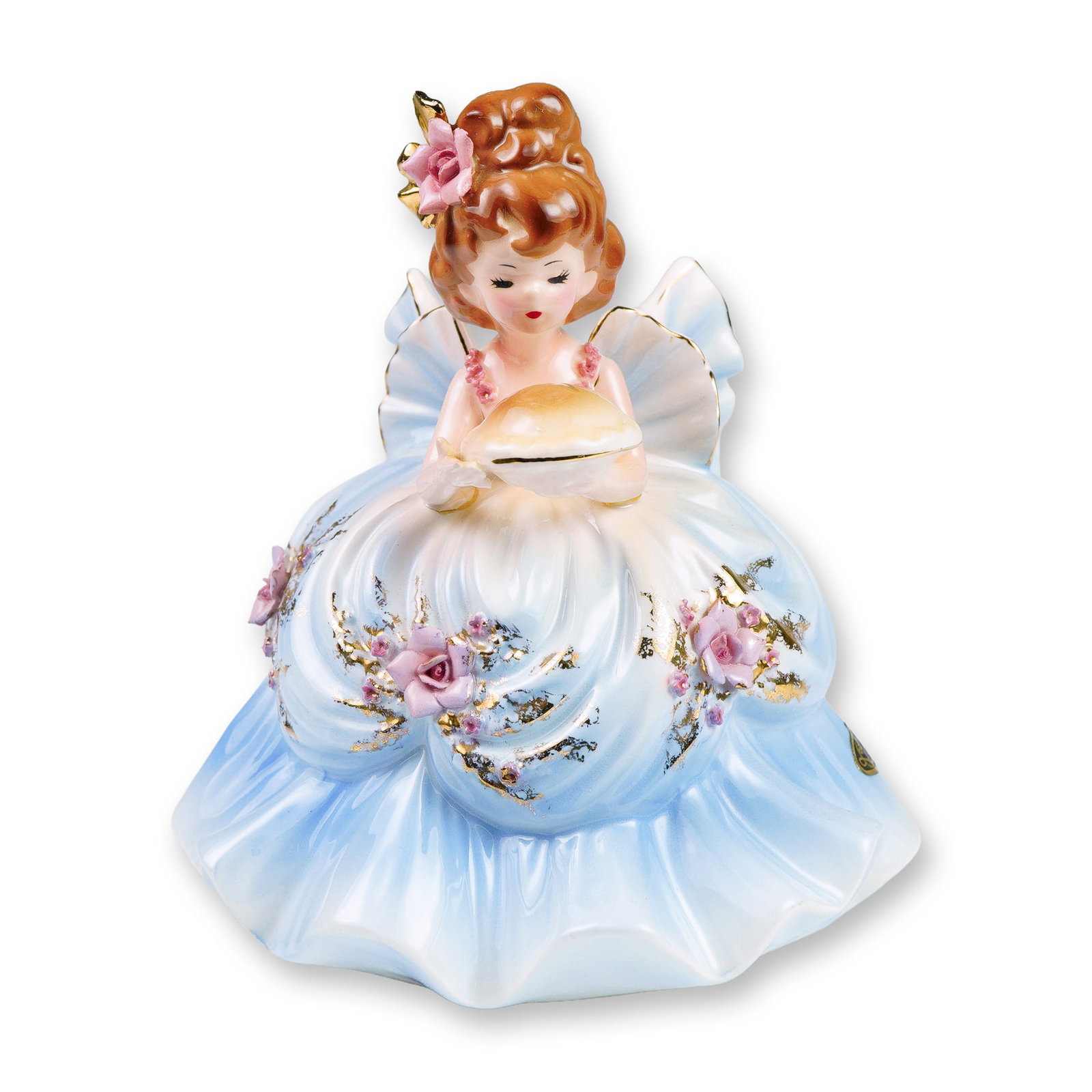 Originals Porcelain Figurine, Birthday Girl Series, May: This charming vintage figurine by Josef Originals represents the month of May from their iconic Birthday Girls series. The figurine features a graceful young girl dressed in a full, flowing gown with