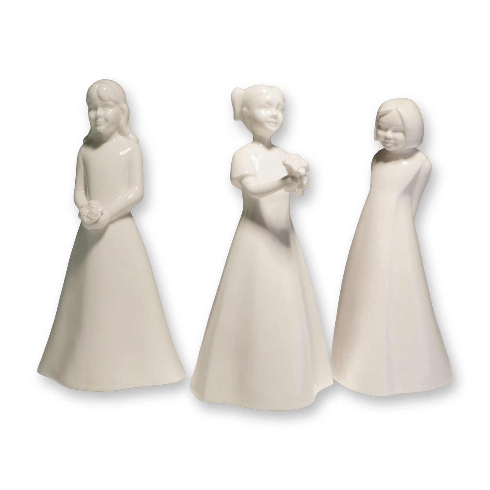 3pc Coalport Figurines, Just for You, My Little Angel, & The Bridesmaid: A collection of three white glazed bone china figurines from the Coalport Moments collection. Each figurine is modeled as a young girl wearing a long dress in various poses. The Bridesmaid is depicted