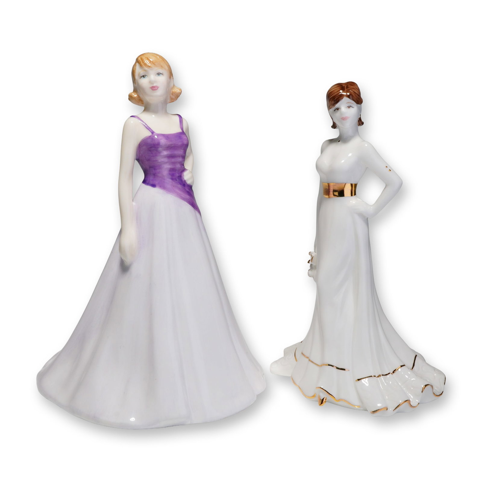 2pc Royal Doulton and Coalport Porcelain Figurines, Free Spirit and Tiffany: This lot features two porcelain figurines consisting of a Royal Doulton and a Coalport model. The Royal Doulton figurine, titled Free Spirit (HN 4609) and modeled by Nada M. Pedley, dates to 2003 and 
