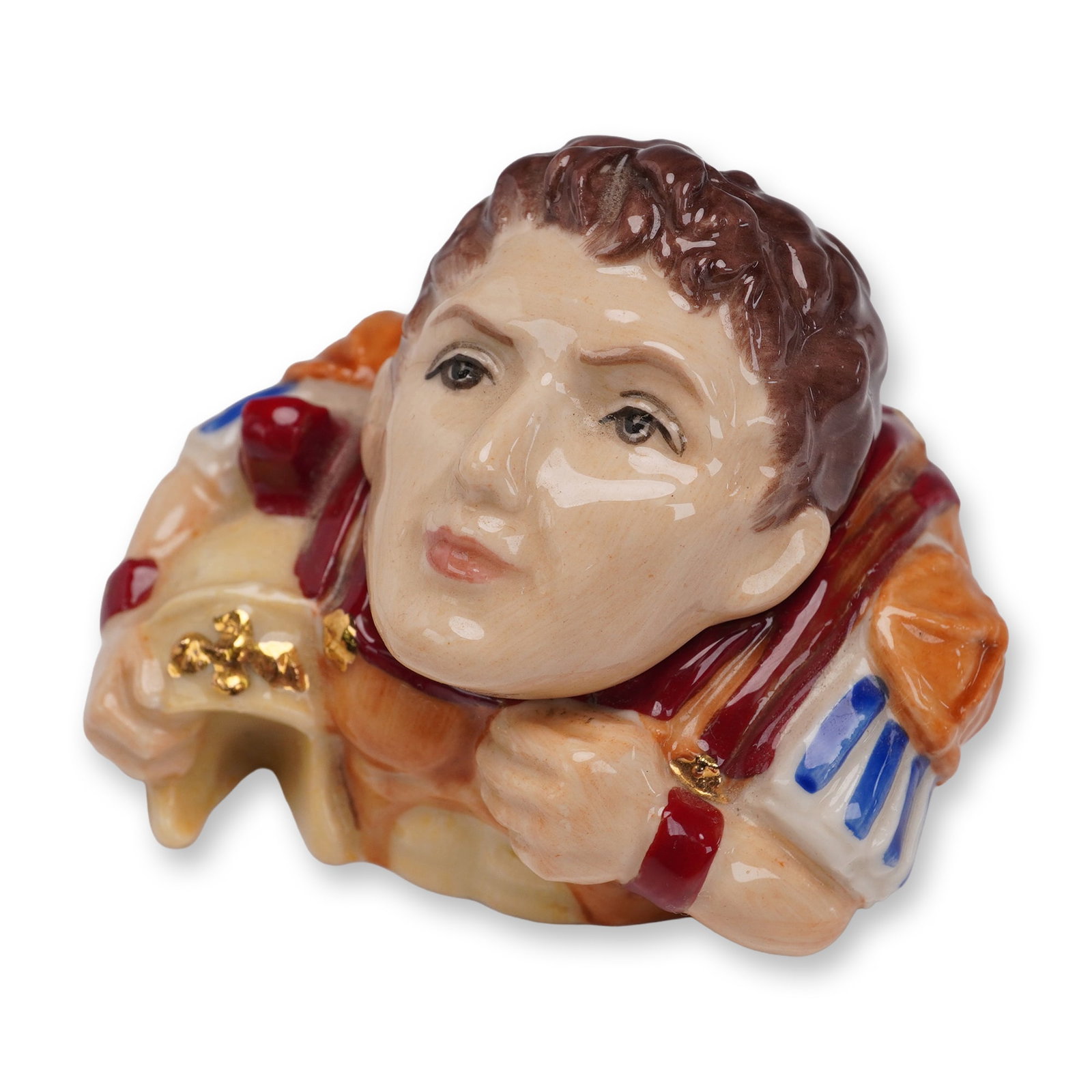 Kevin Frances Face Pot, Mark Anthony: This hand-painted ceramic piece depicts the Roman general with detailed features, ornate armor accents, and gilded highlights. Part of the Face Pots collection, the removable head reveals an inscripti
