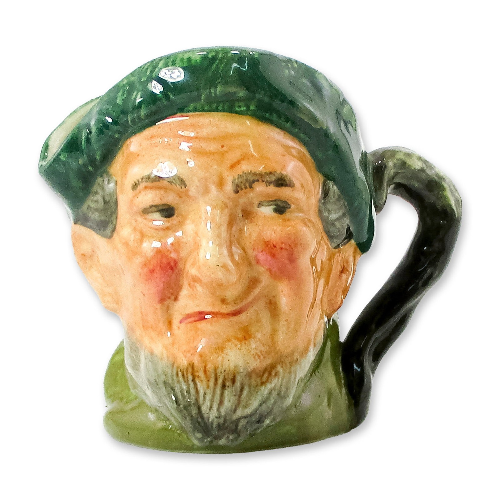 Auld Mac Auld Auld D5824 Small Royal Doulton Character Jug: Green tam; brown coat. A song by Sir Harry Lauder, a 20th-century singer and comedian, called "Bang Went Sixpence." inspired this piece. In it a Scotsman named Mac found the prices too high in London 
