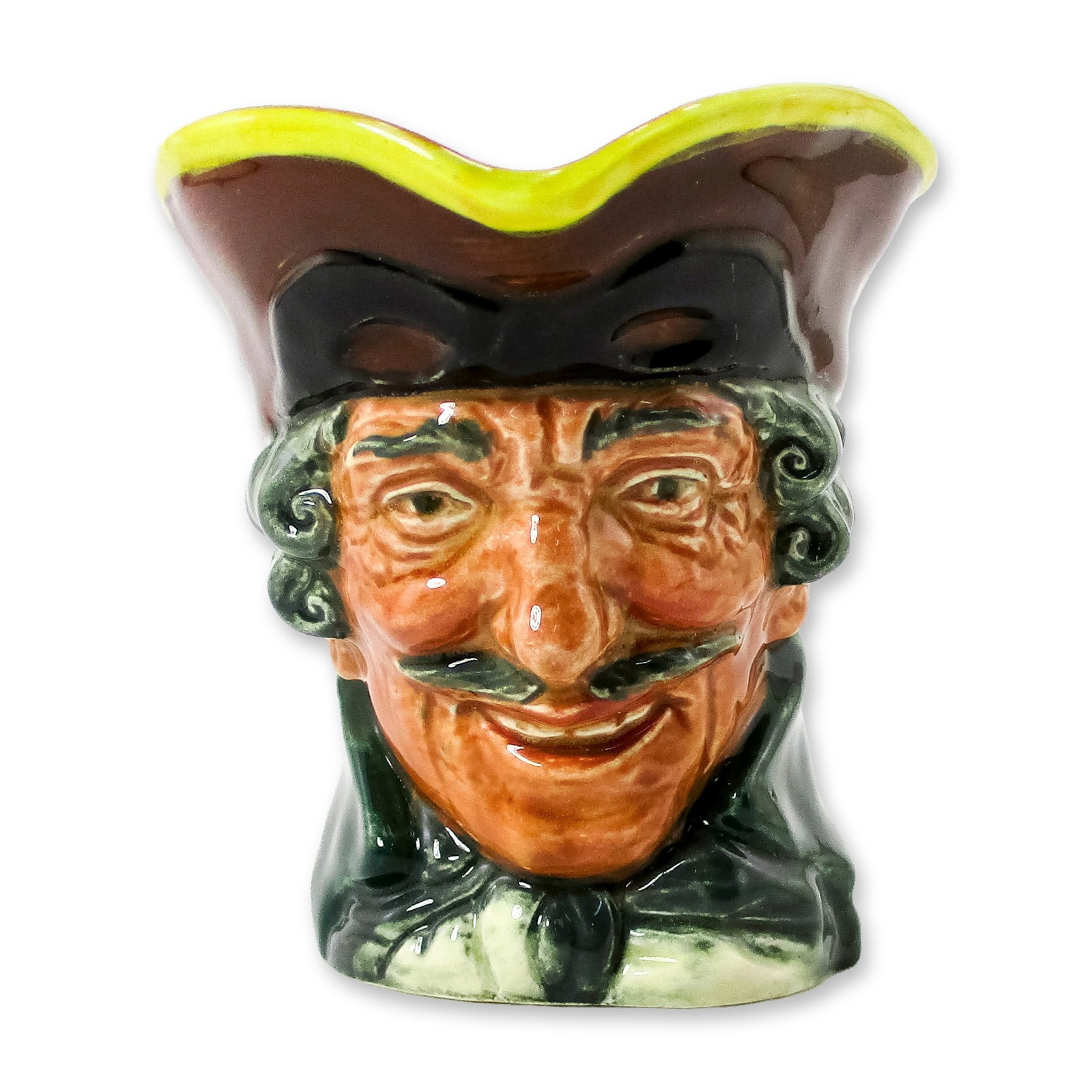 Dick Turpin D5618 Small Doulton Character Jug: Style One. Brown hat; black mask up; green coat; white cravat. Dick Turpin (1705 - 1739) joined forces with fellow highwayman Tom King, whom he accidentally shot. Before he died, King betrayed him. Th