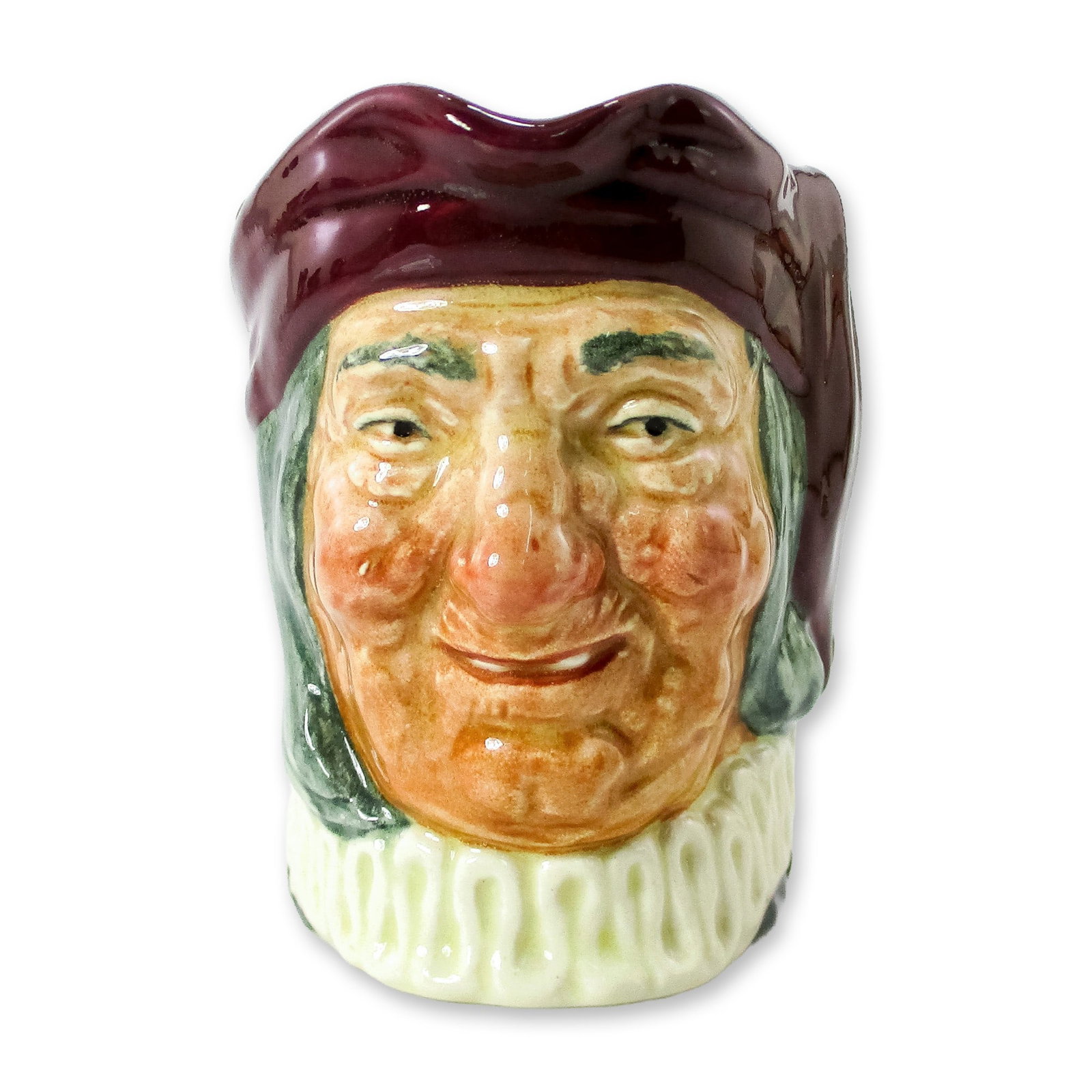 Simon the Cellarer D5616 Small Royal Doulton Character Jug: Maroon hat; white ruff. Simon was the subject of a 19th century English folksong. The keys on the handle are those to his cellar, full of great wines and ales. He was always good for standing a drink 