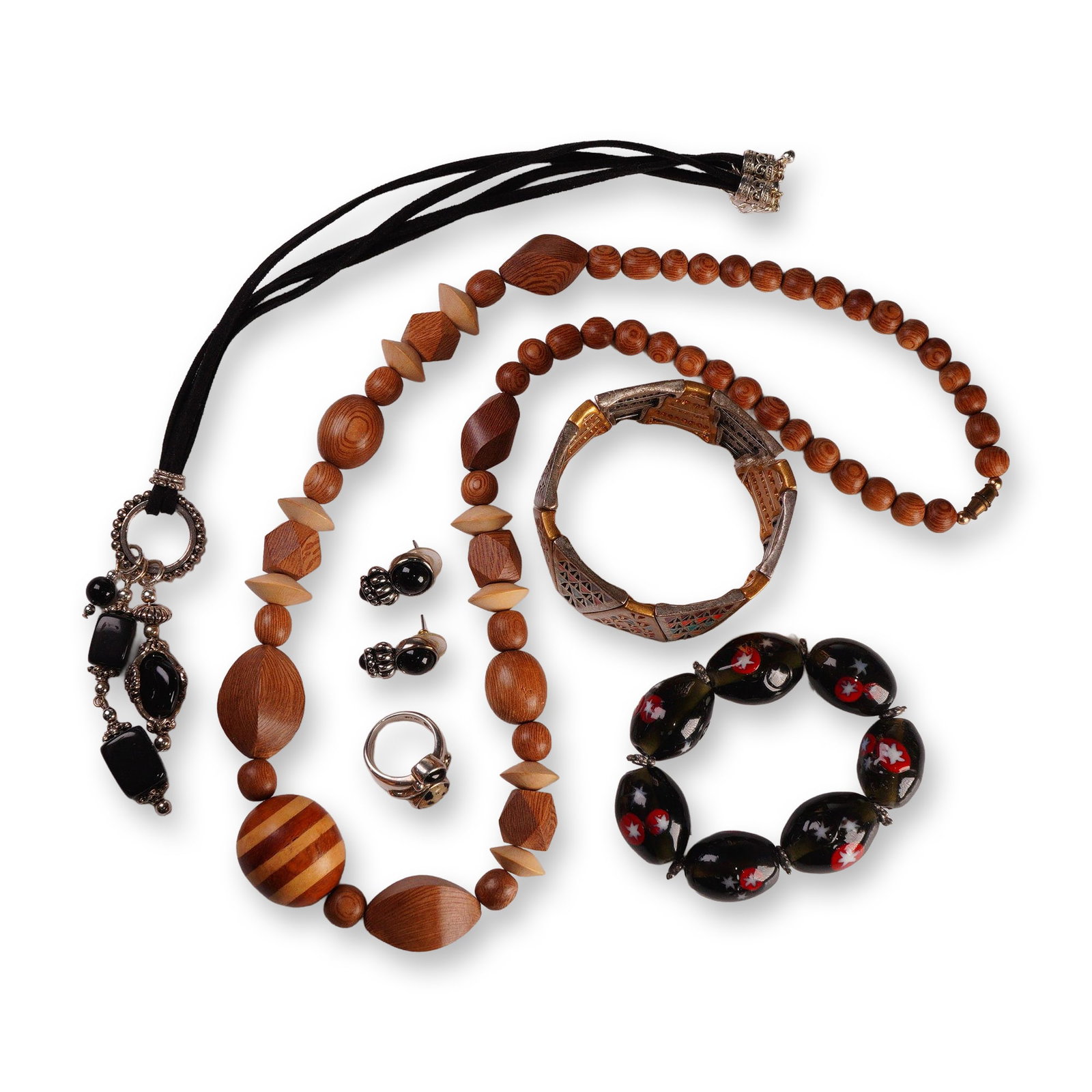 6pc Wood, Enamel, and Silver Tone Jewelry: A 6-piece lot totaling 7 items including a wood bead necklace, a black cord necklace with pendant, a sterling silver ring marked 925, a pair of black cabochon earrings, and two bracelets, one with lar