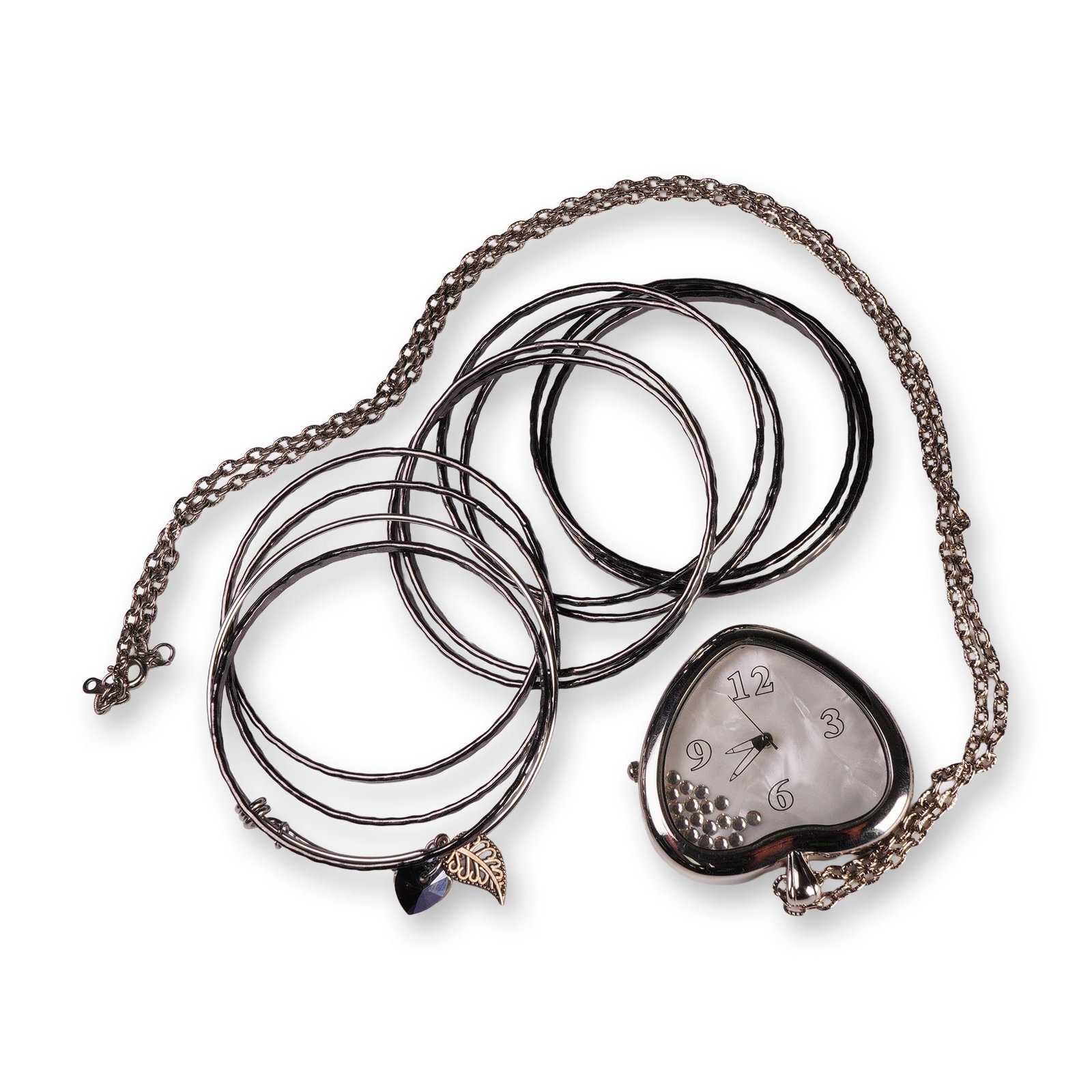 12pc Costume Jewelry, Watch Necklace, Charm Bangle and Gray Metal Bangles: Stylish costume jewelry collection including a mix of contemporary silver-tone accessories. The lot features a heart-shaped pendant watch necklace with a white mother-of-pearl dial and loose rhineston